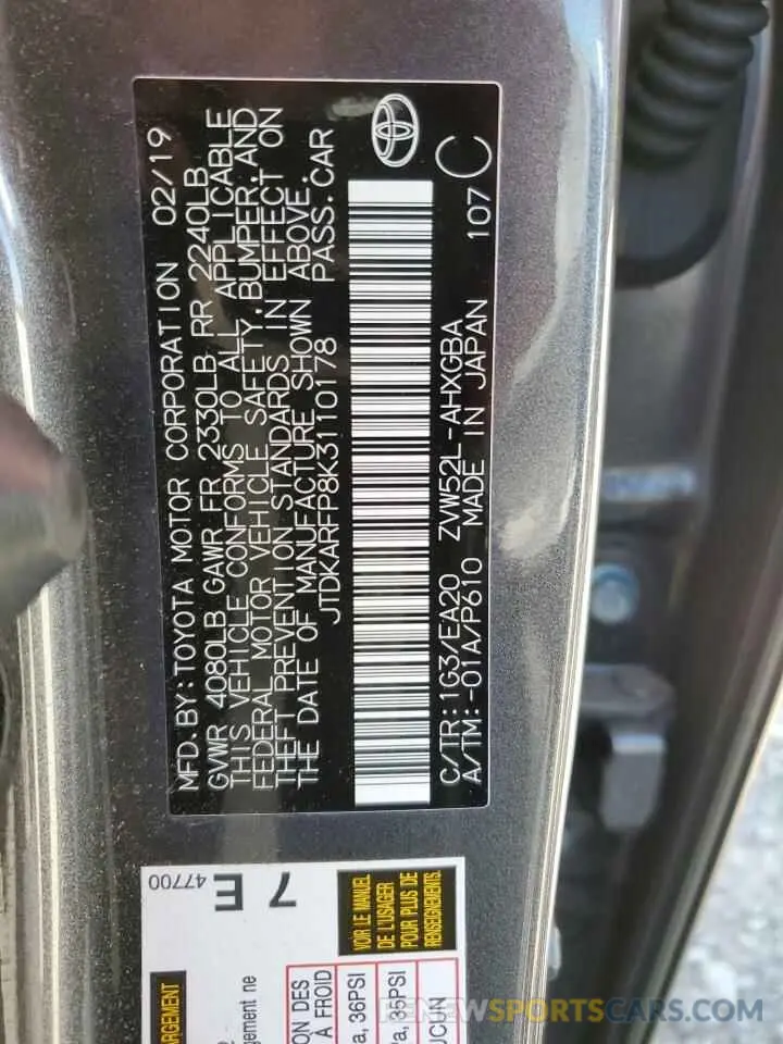 12 Photograph of a damaged car JTDKARFP8K3110178 TOYOTA PRIUS 2019