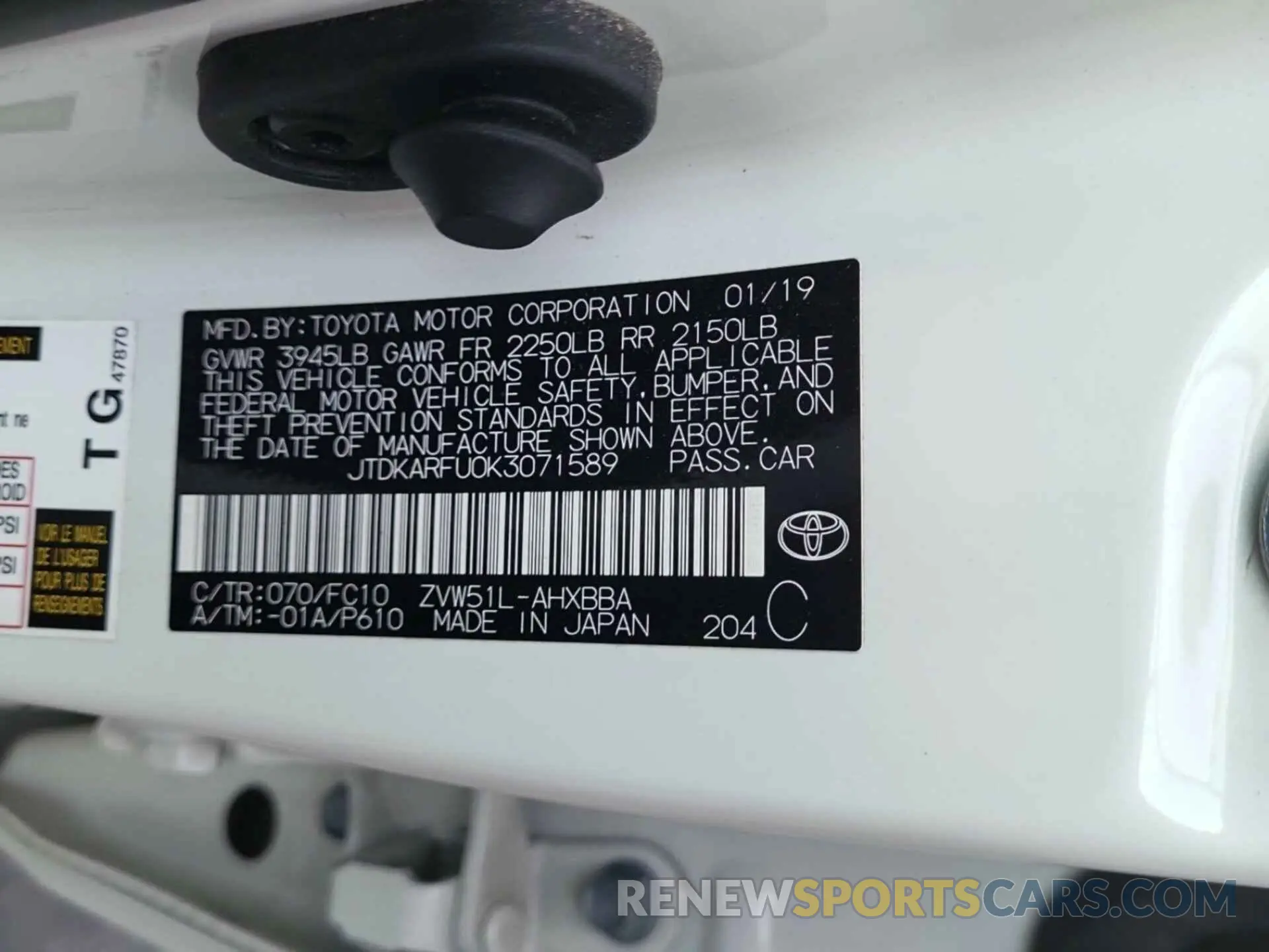 10 Photograph of a damaged car JTDKARFU0K3071589 TOYOTA PRIUS 2019