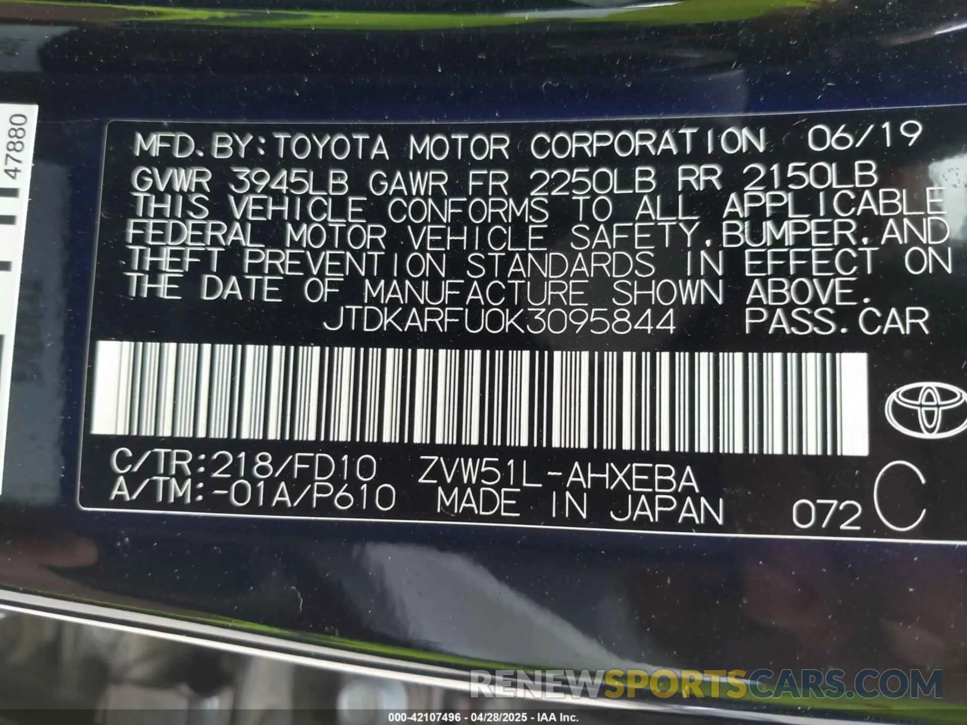 9 Photograph of a damaged car JTDKARFU0K3095844 TOYOTA PRIUS 2019