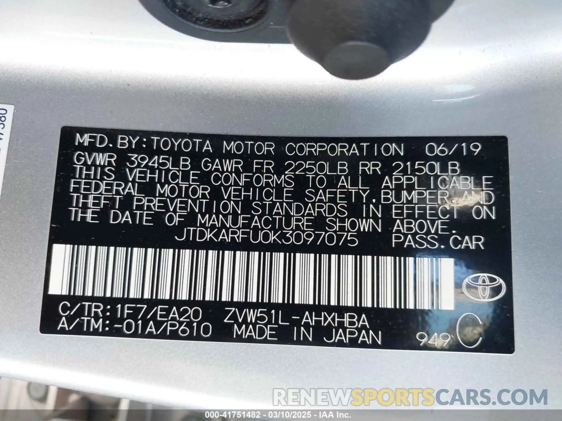 9 Photograph of a damaged car JTDKARFU0K3097075 TOYOTA PRIUS 2019