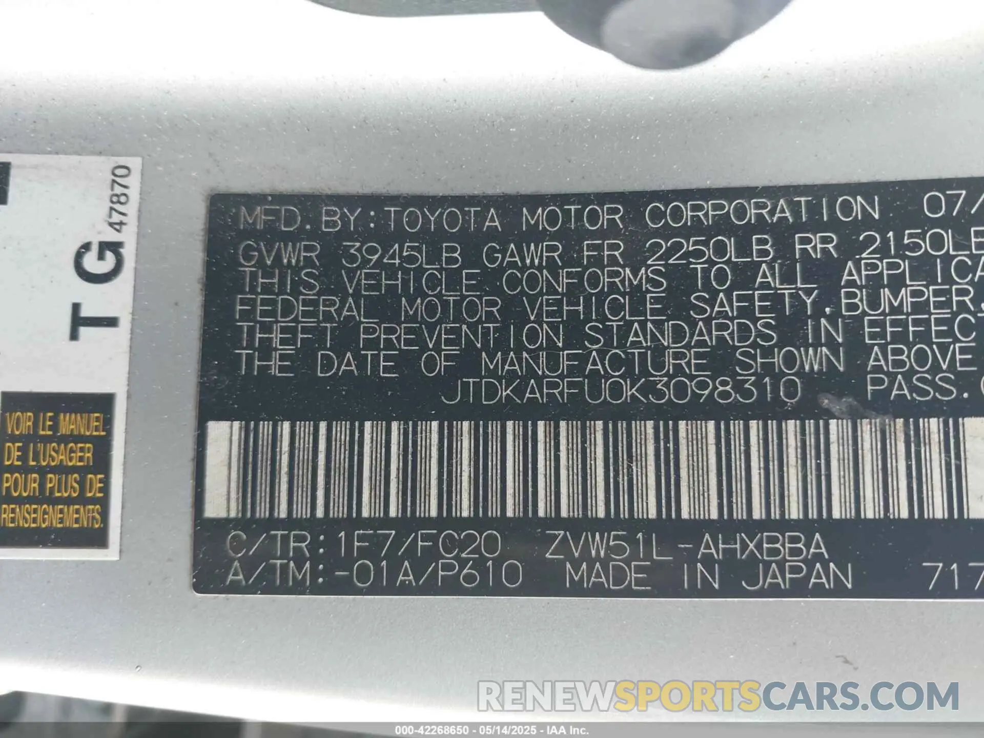 9 Photograph of a damaged car JTDKARFU0K3098310 TOYOTA PRIUS 2019