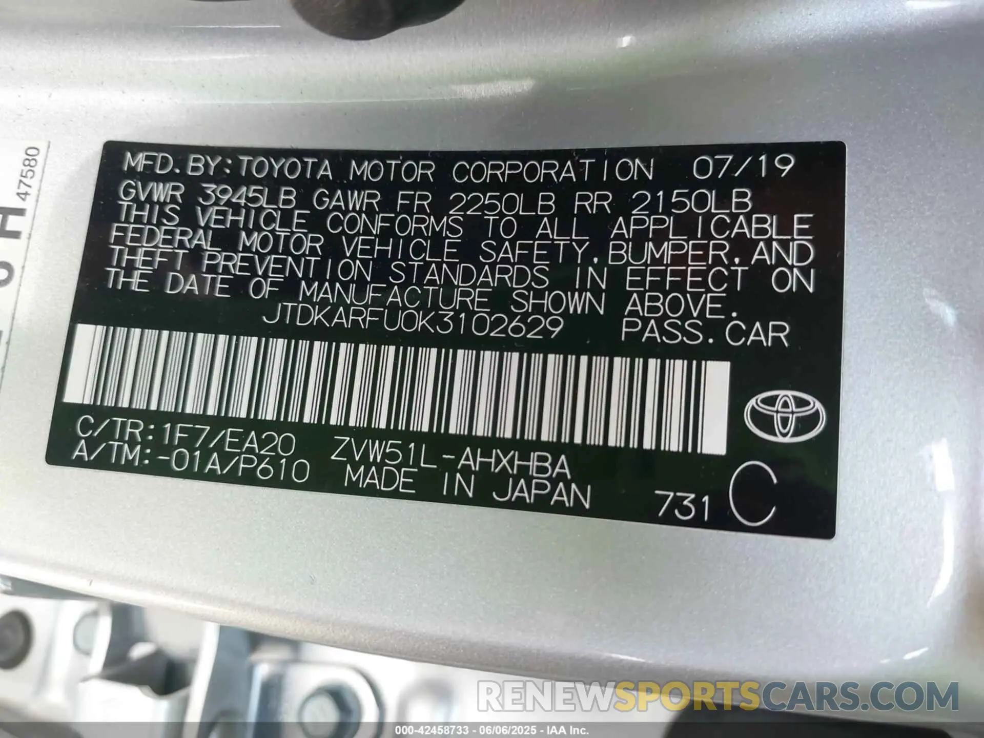 9 Photograph of a damaged car JTDKARFU0K3102629 TOYOTA PRIUS 2019