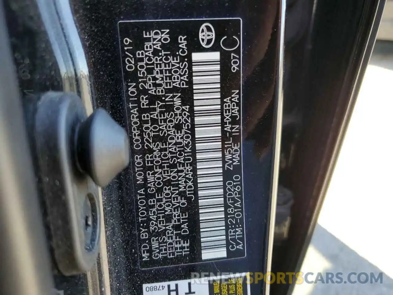 10 Photograph of a damaged car JTDKARFU1K3075294 TOYOTA PRIUS 2019