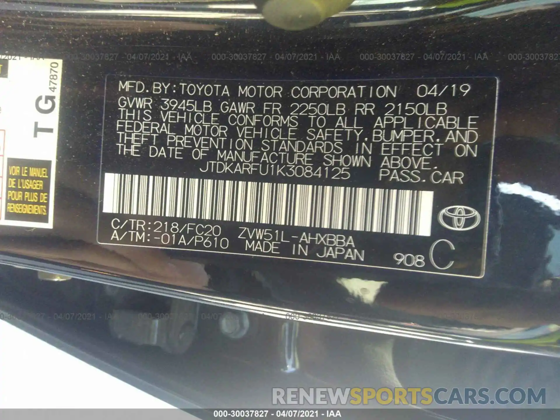 9 Photograph of a damaged car JTDKARFU1K3084125 TOYOTA PRIUS 2019