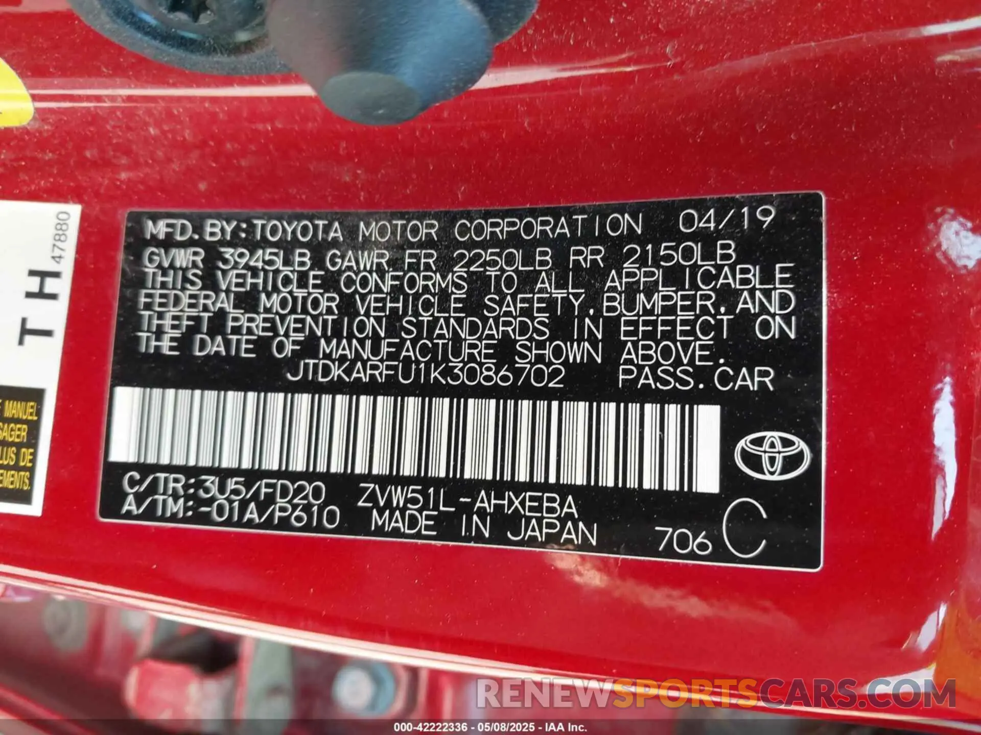 9 Photograph of a damaged car JTDKARFU1K3086702 TOYOTA PRIUS 2019