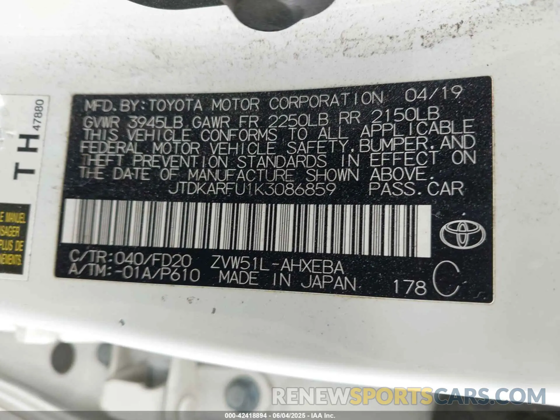 9 Photograph of a damaged car JTDKARFU1K3086859 TOYOTA PRIUS 2019