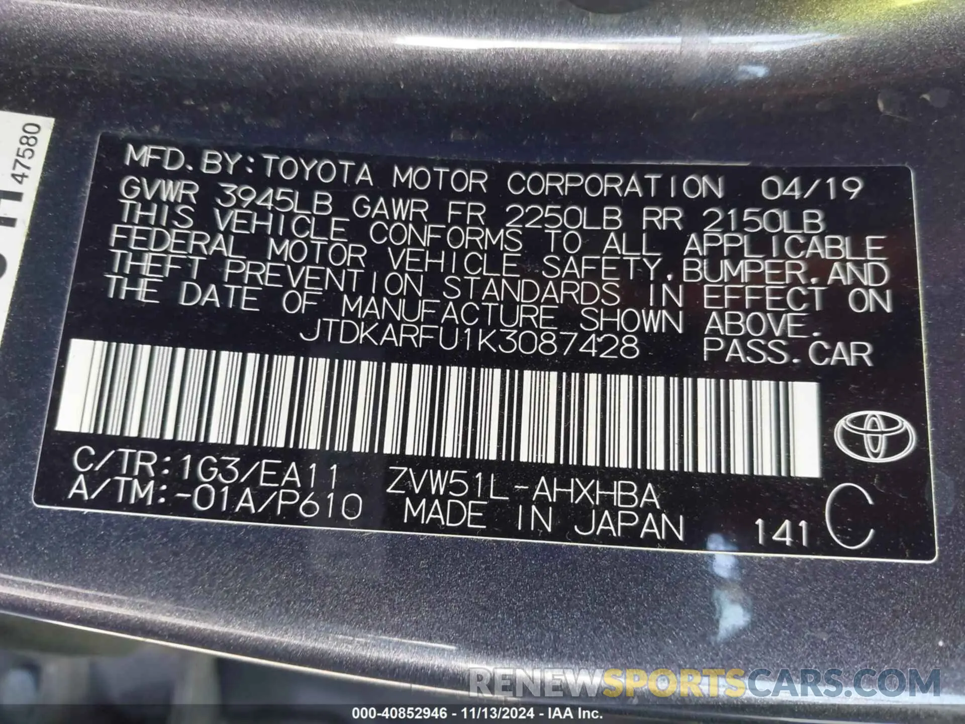 9 Photograph of a damaged car JTDKARFU1K3087428 TOYOTA PRIUS 2019