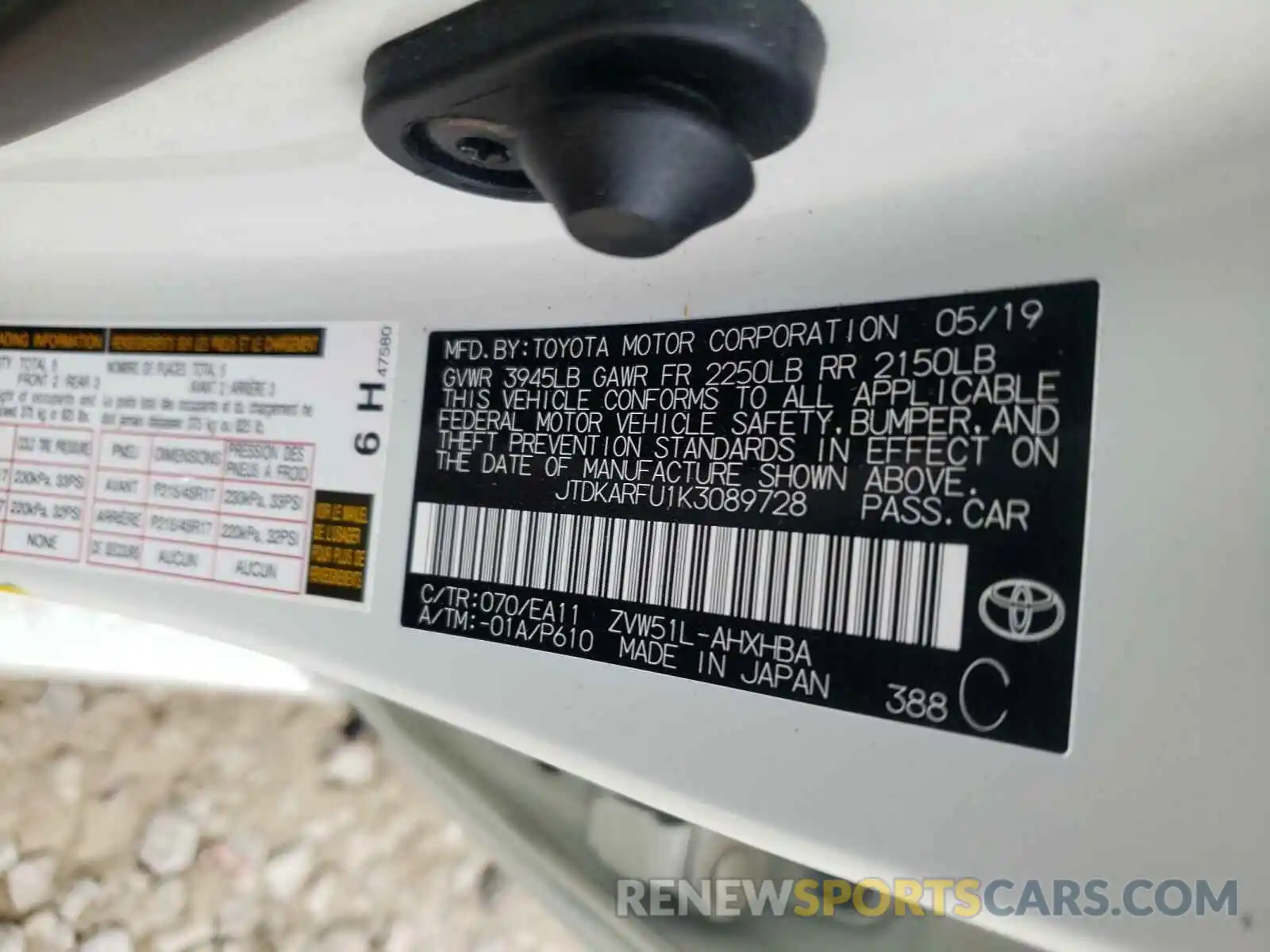 10 Photograph of a damaged car JTDKARFU1K3089728 TOYOTA PRIUS 2019