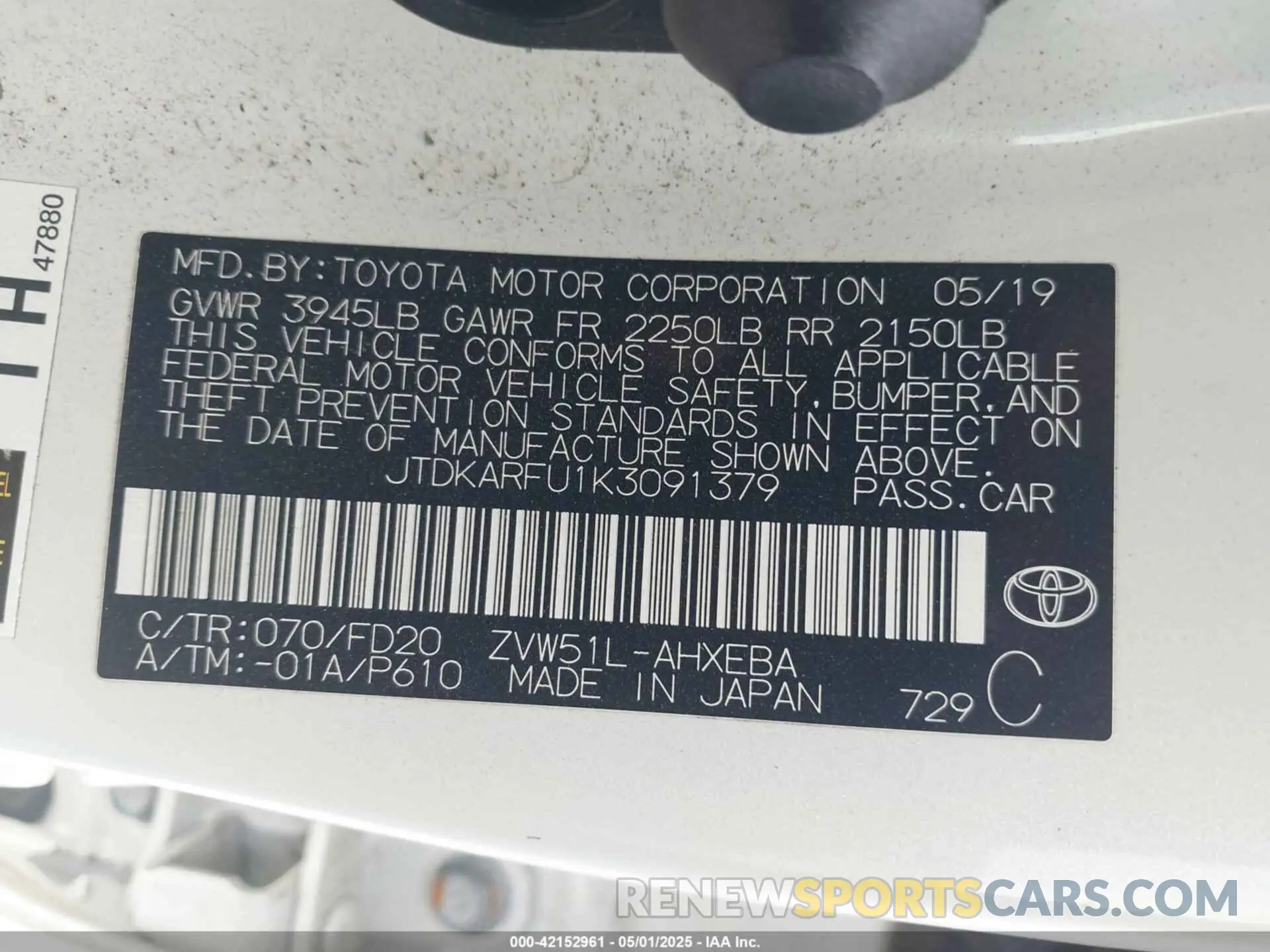 9 Photograph of a damaged car JTDKARFU1K3091379 TOYOTA PRIUS 2019