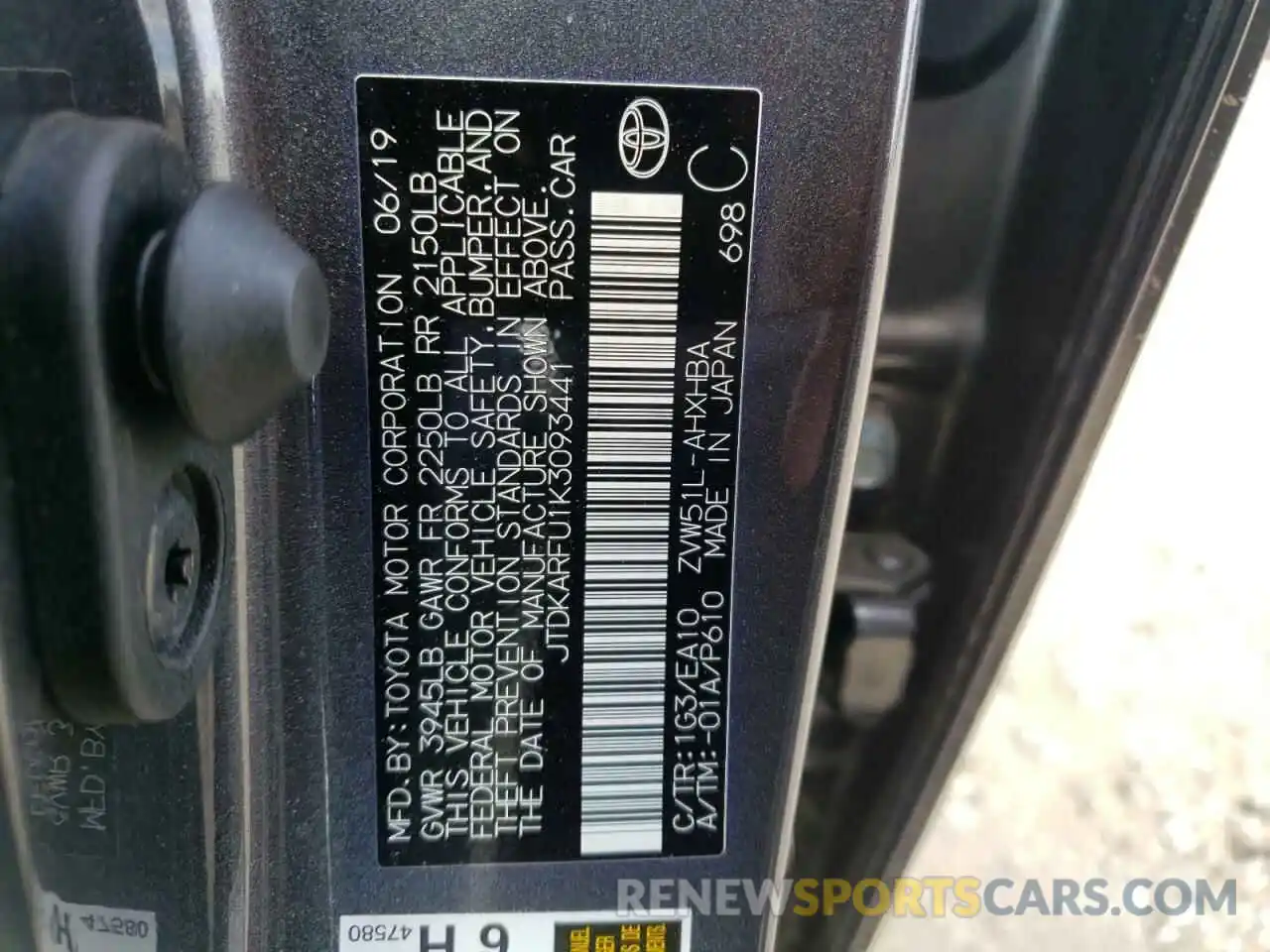 10 Photograph of a damaged car JTDKARFU1K3093441 TOYOTA PRIUS 2019