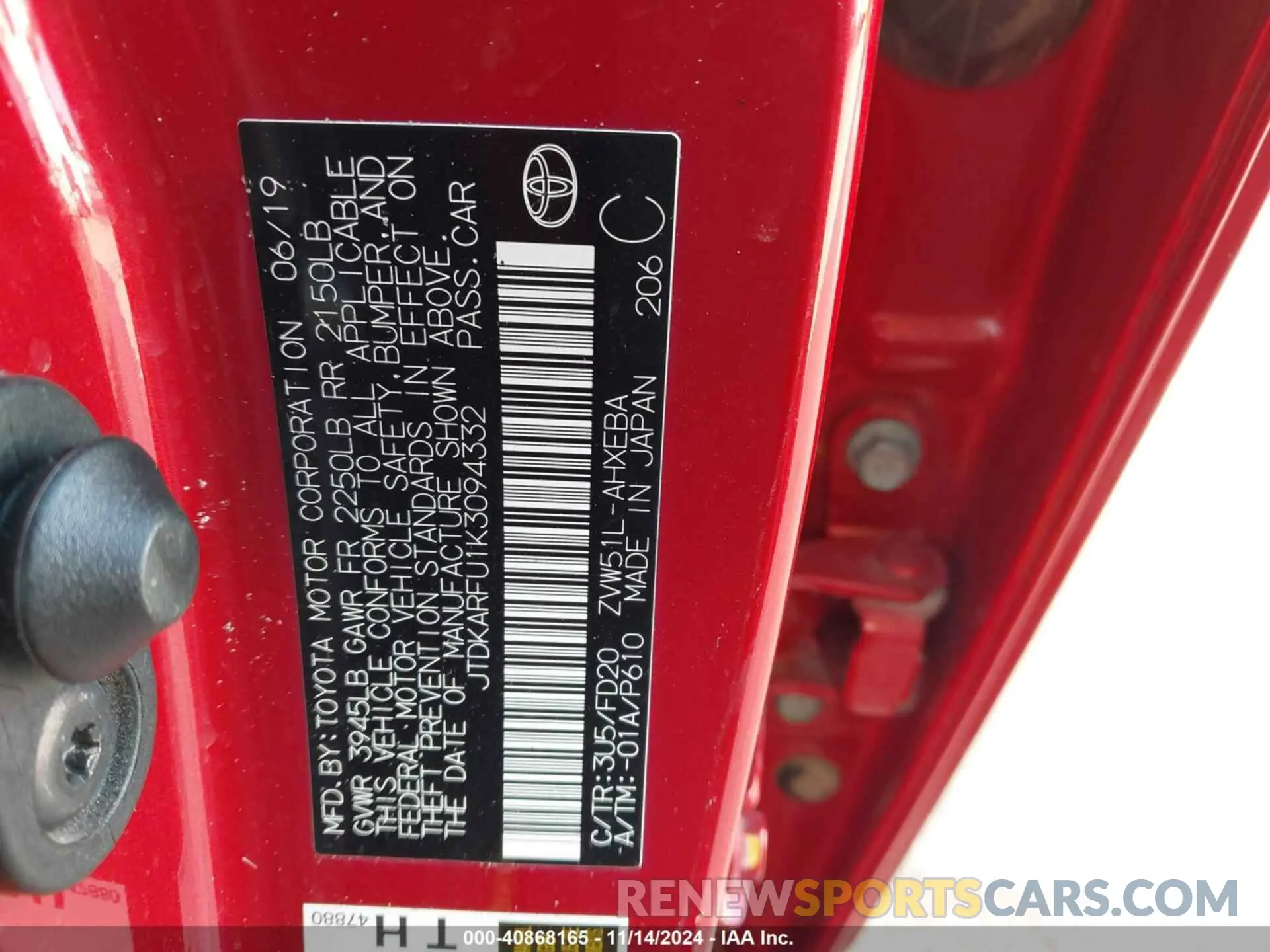 9 Photograph of a damaged car JTDKARFU1K3094332 TOYOTA PRIUS 2019