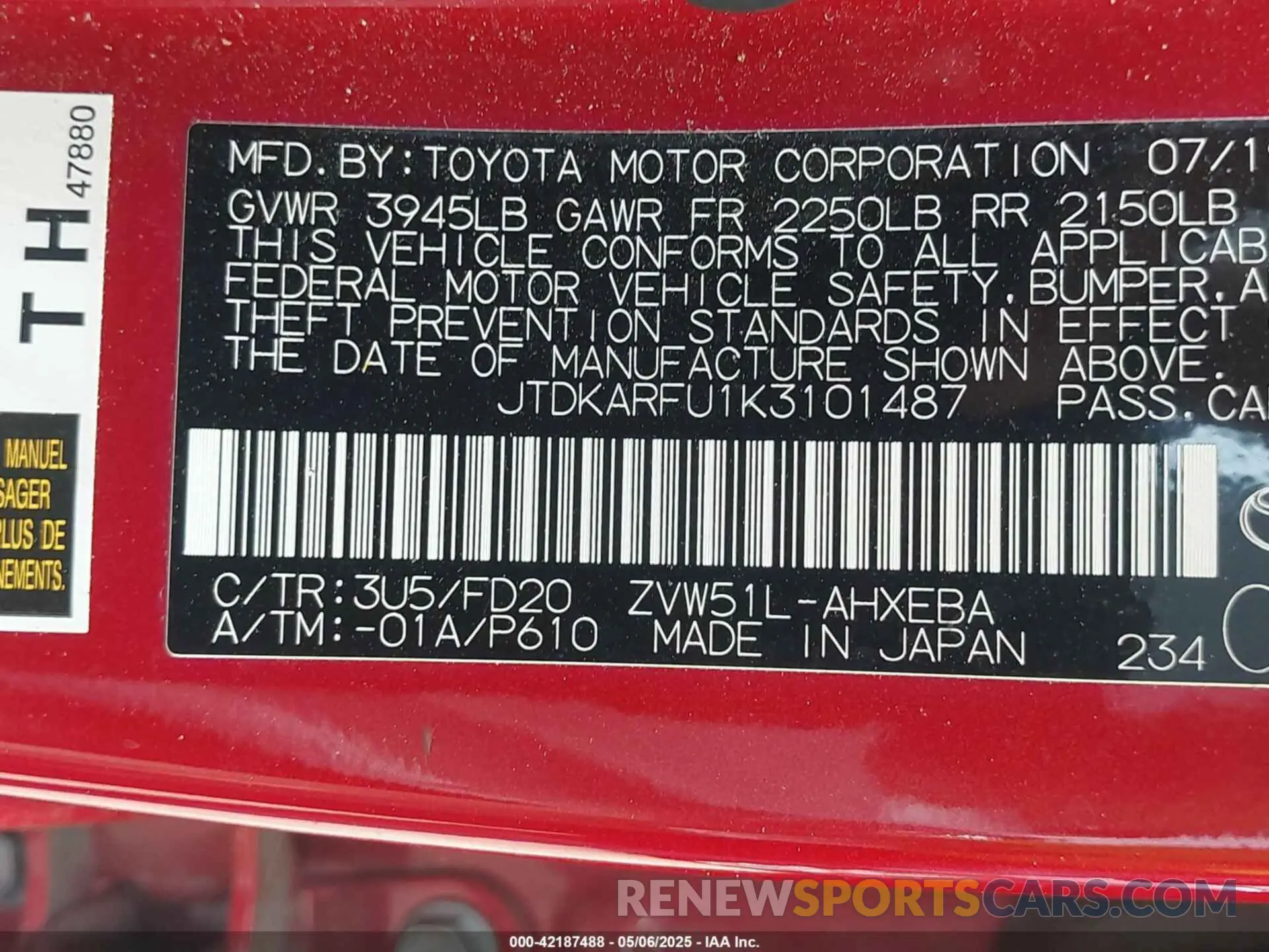 9 Photograph of a damaged car JTDKARFU1K3101487 TOYOTA PRIUS 2019