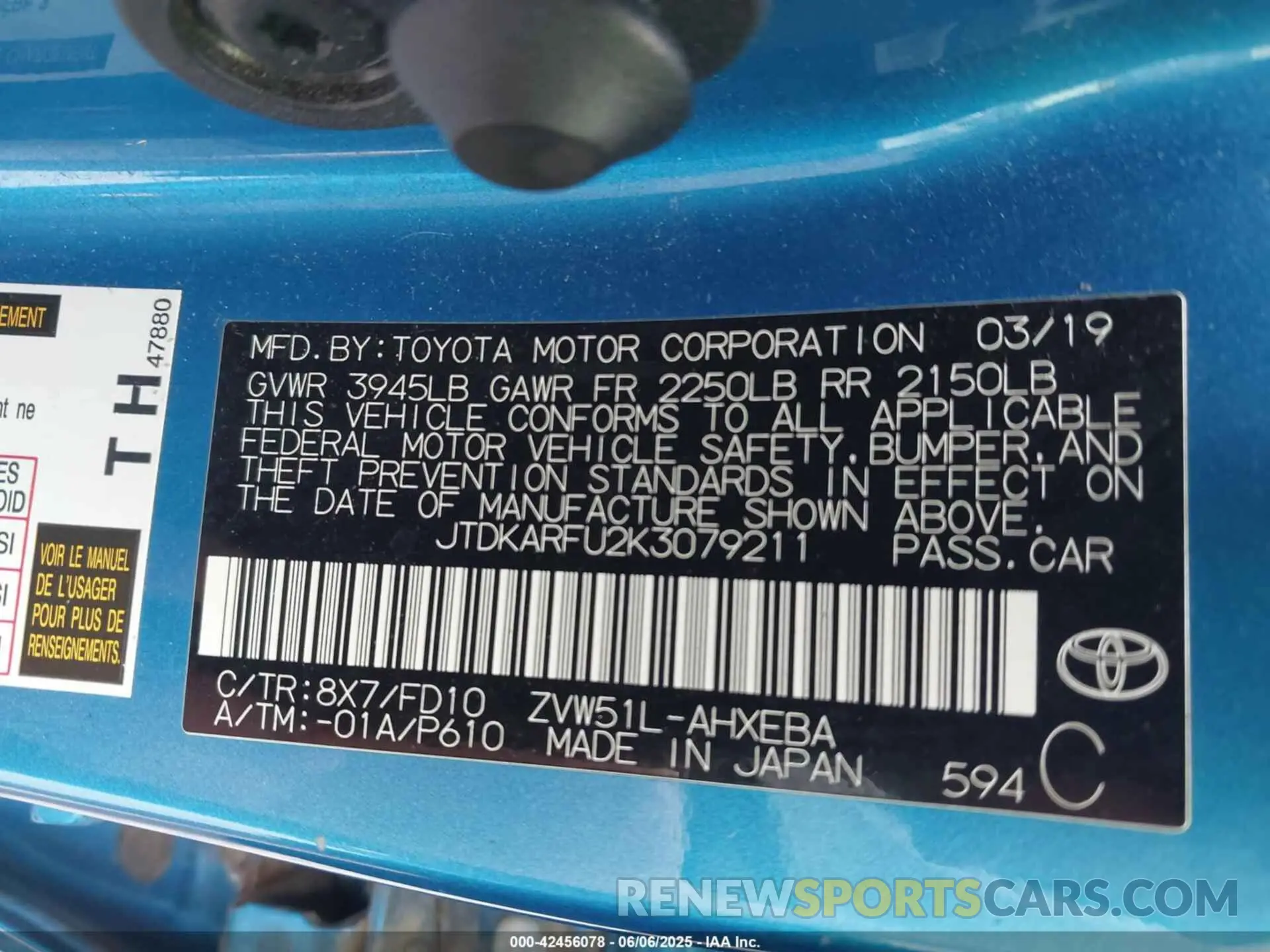 9 Photograph of a damaged car JTDKARFU2K3079211 TOYOTA PRIUS 2019