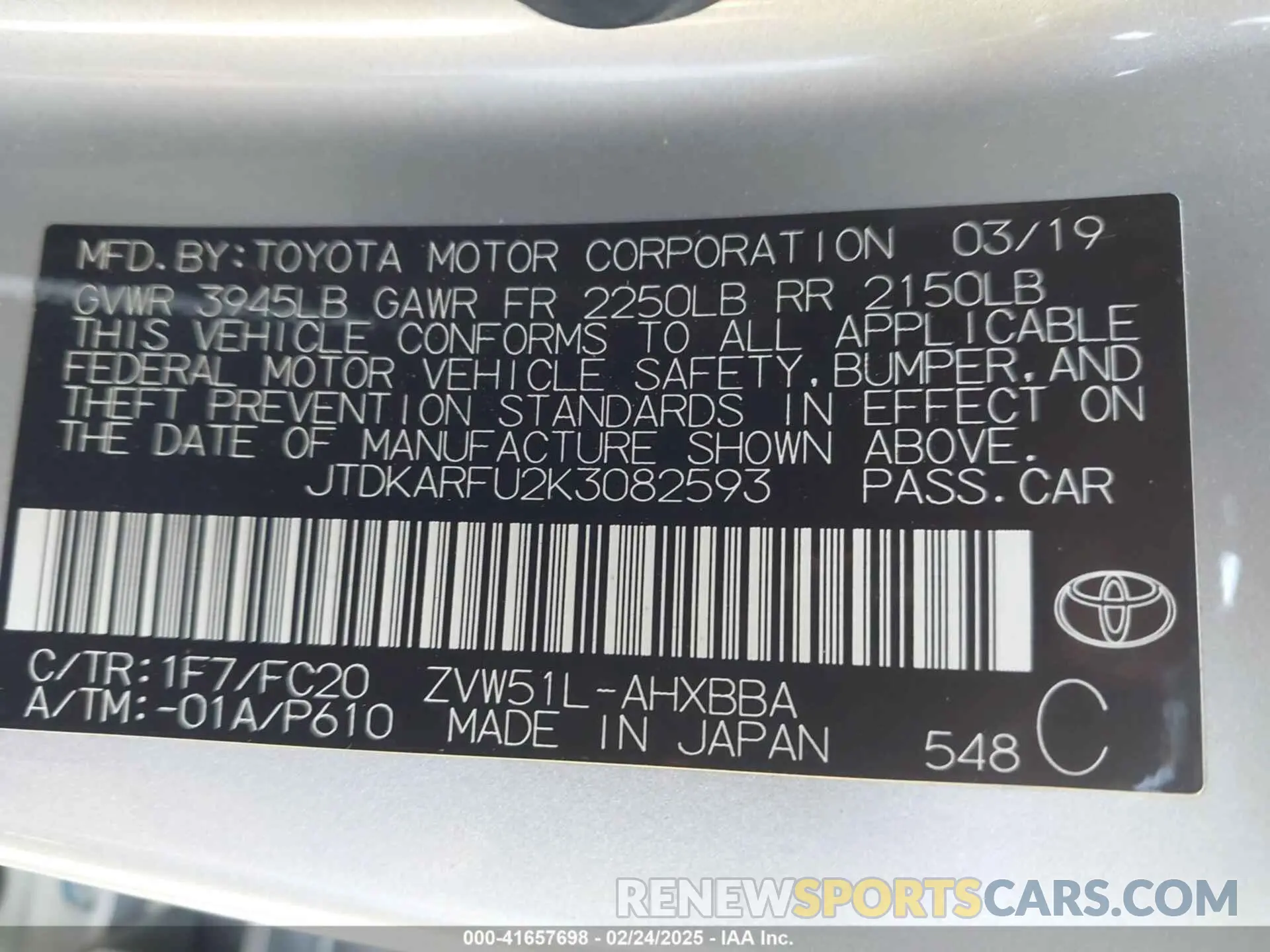 9 Photograph of a damaged car JTDKARFU2K3082593 TOYOTA PRIUS 2019
