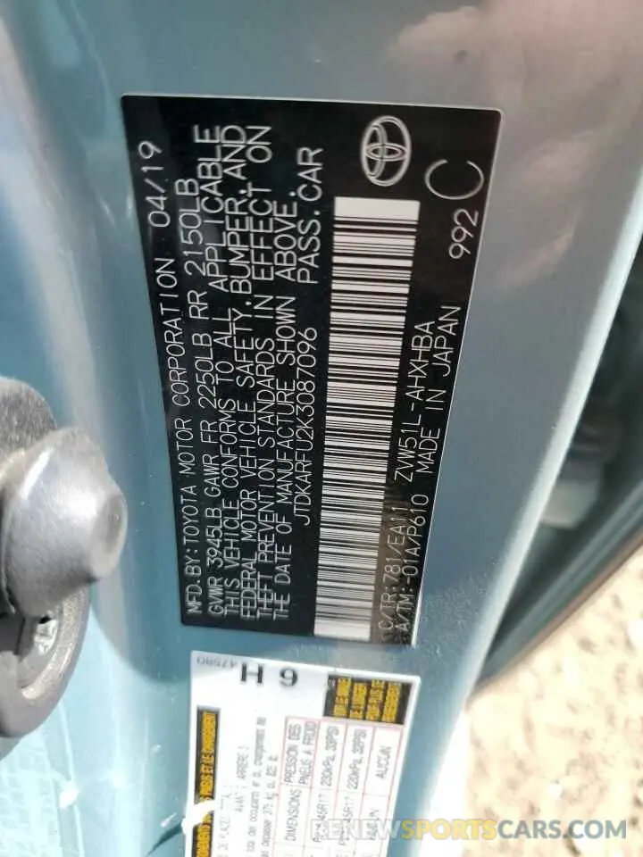 12 Photograph of a damaged car JTDKARFU2K3087096 TOYOTA PRIUS 2019