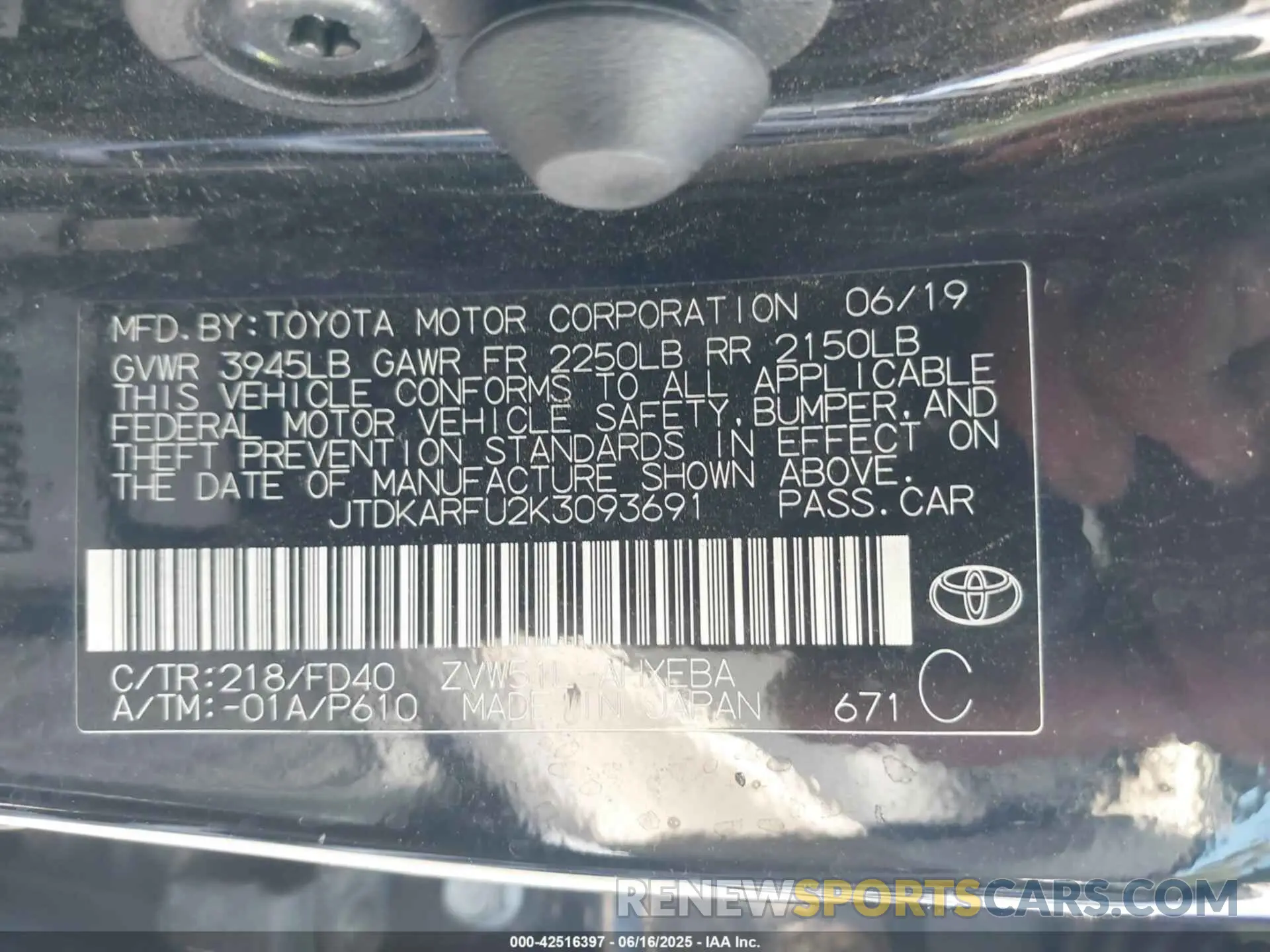 9 Photograph of a damaged car JTDKARFU2K3093691 TOYOTA PRIUS 2019