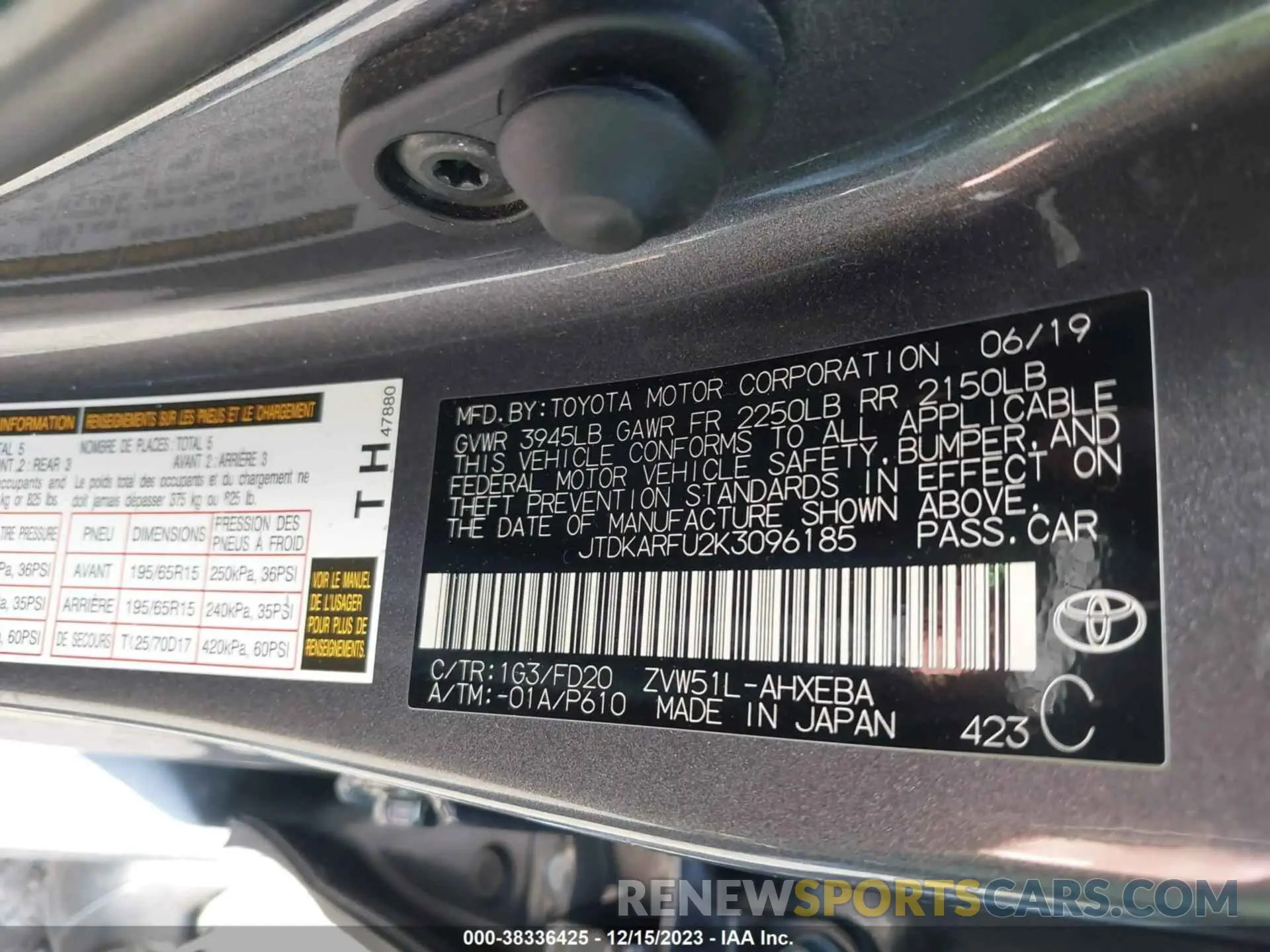 9 Photograph of a damaged car JTDKARFU2K3096185 TOYOTA PRIUS 2019