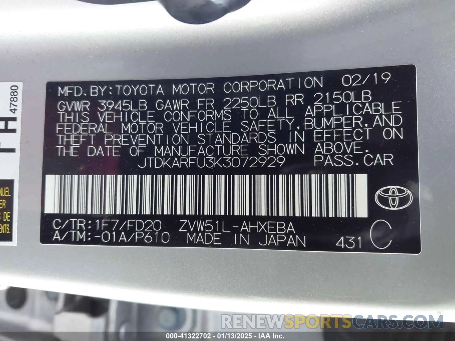 9 Photograph of a damaged car JTDKARFU3K3072929 TOYOTA PRIUS 2019