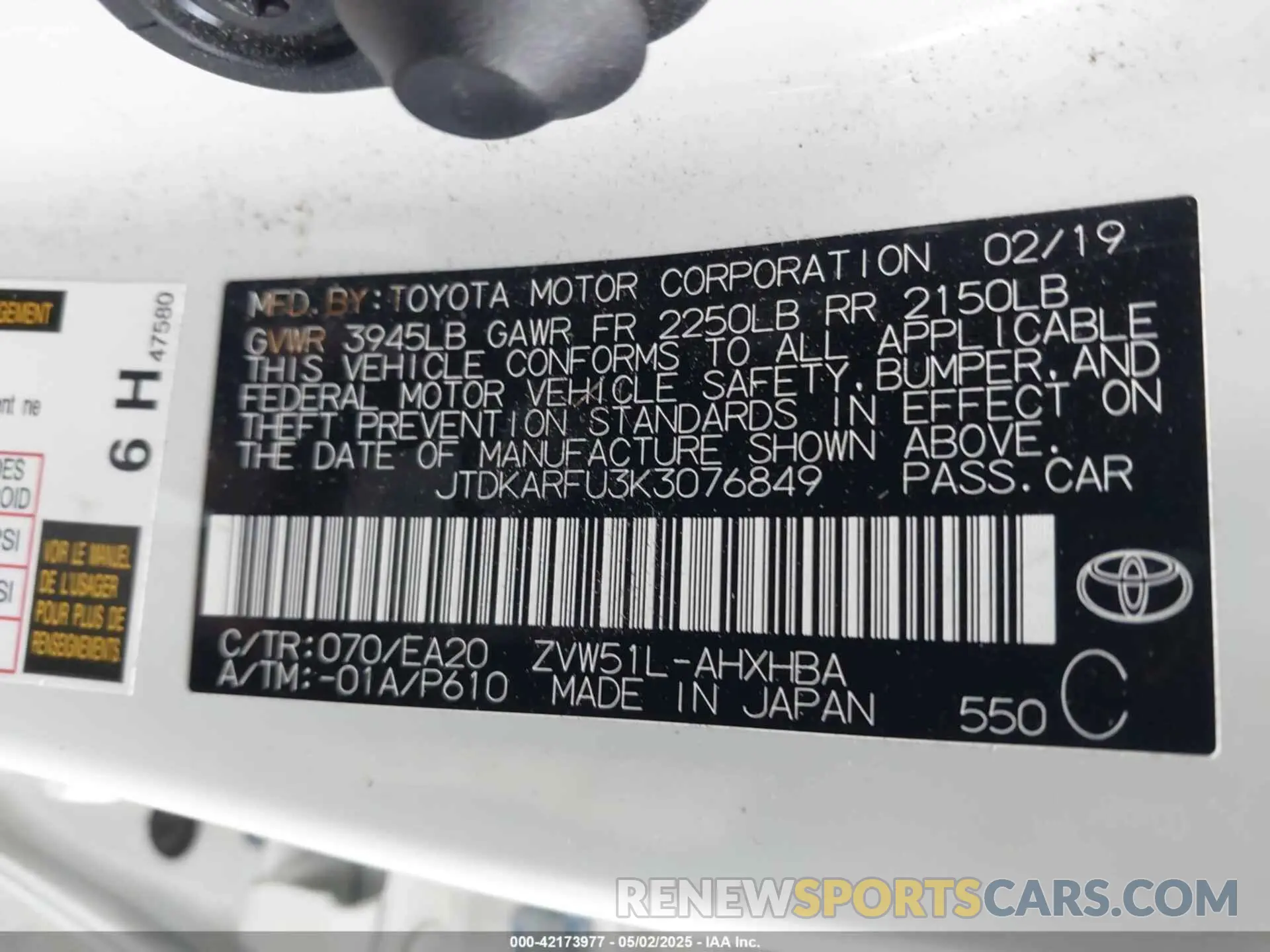 9 Photograph of a damaged car JTDKARFU3K3076849 TOYOTA PRIUS 2019