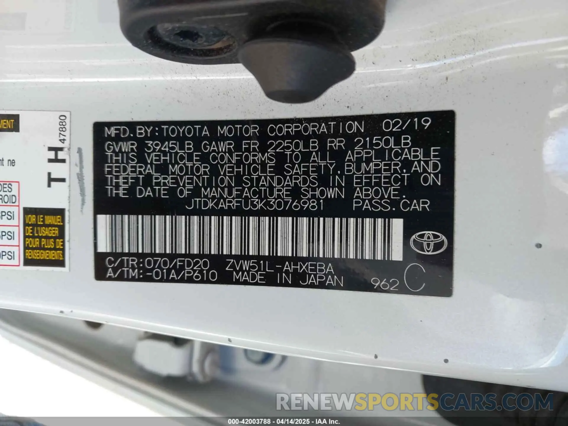 9 Photograph of a damaged car JTDKARFU3K3076981 TOYOTA PRIUS 2019