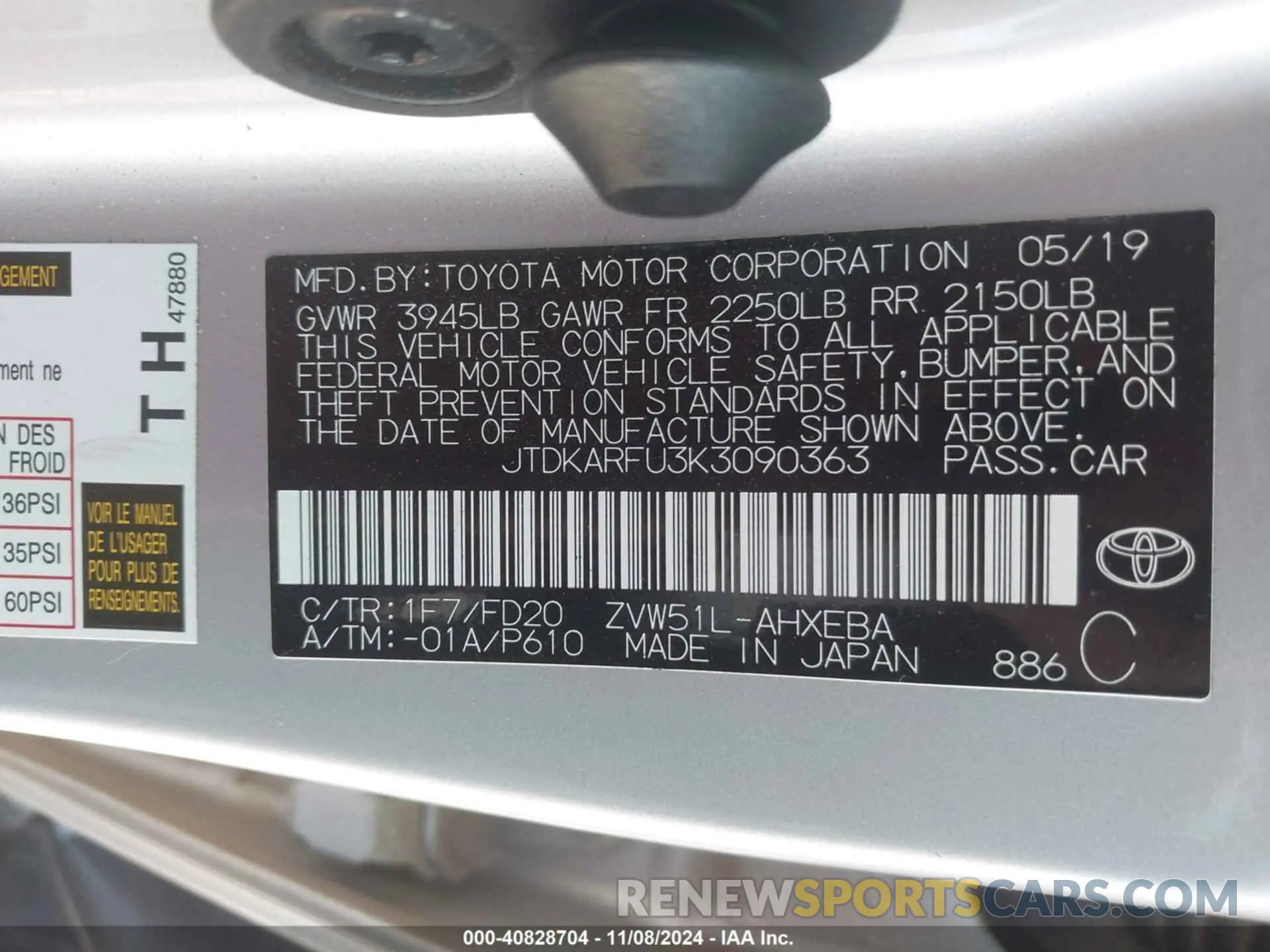 9 Photograph of a damaged car JTDKARFU3K3090363 TOYOTA PRIUS 2019