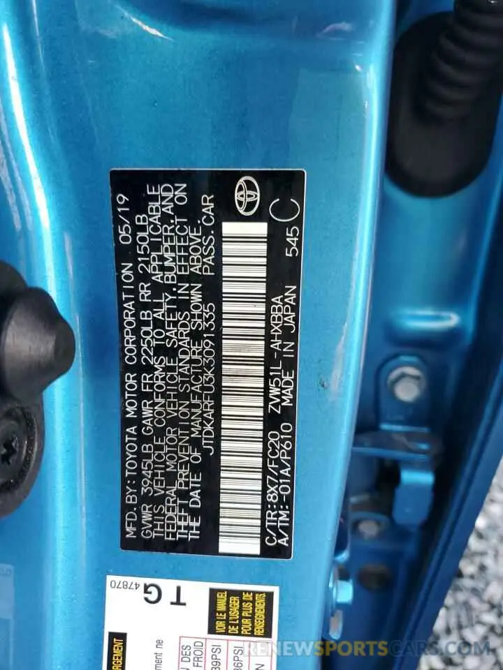 14 Photograph of a damaged car JTDKARFU3K3091335 TOYOTA PRIUS 2019