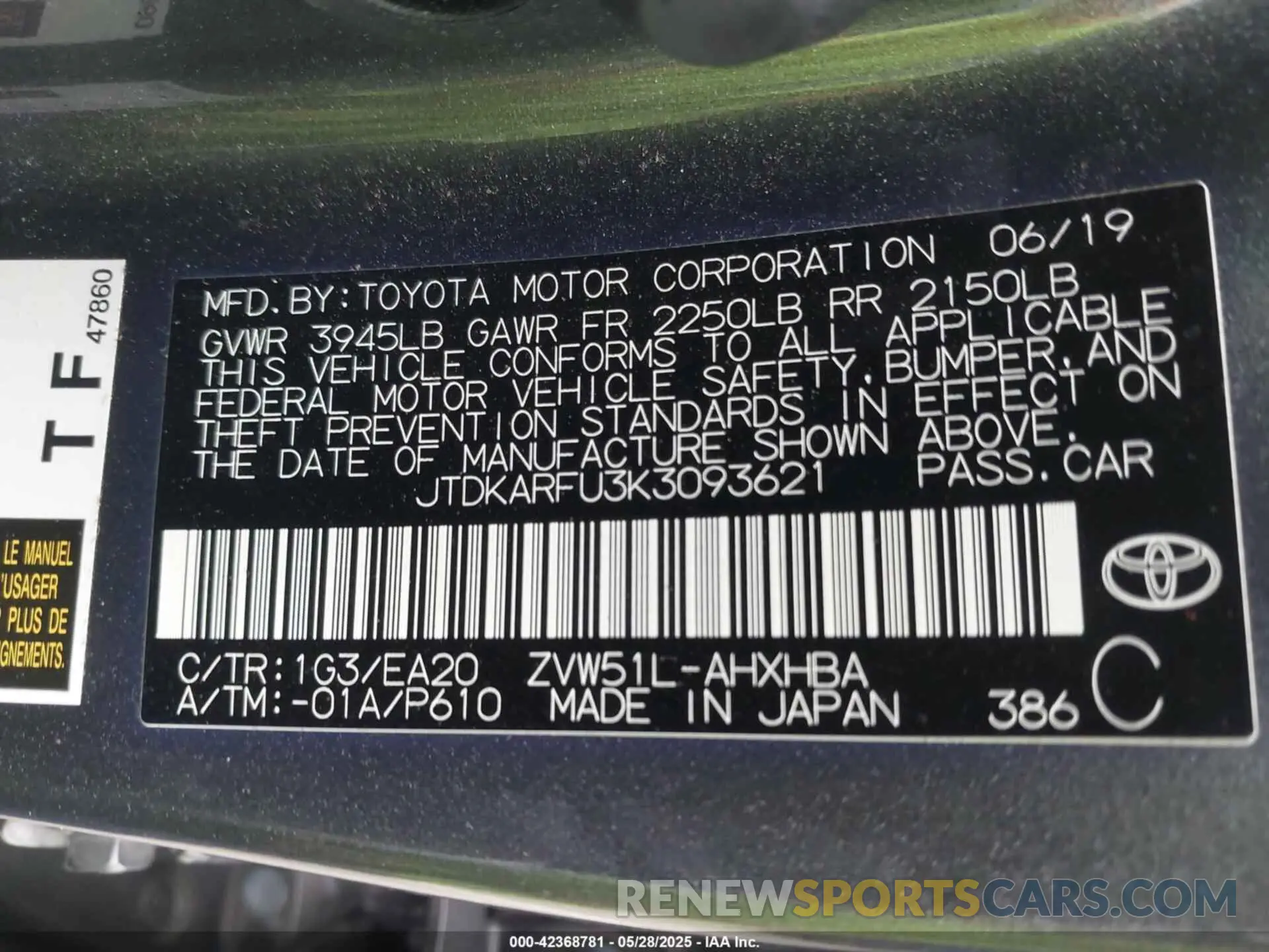 9 Photograph of a damaged car JTDKARFU3K3093621 TOYOTA PRIUS 2019