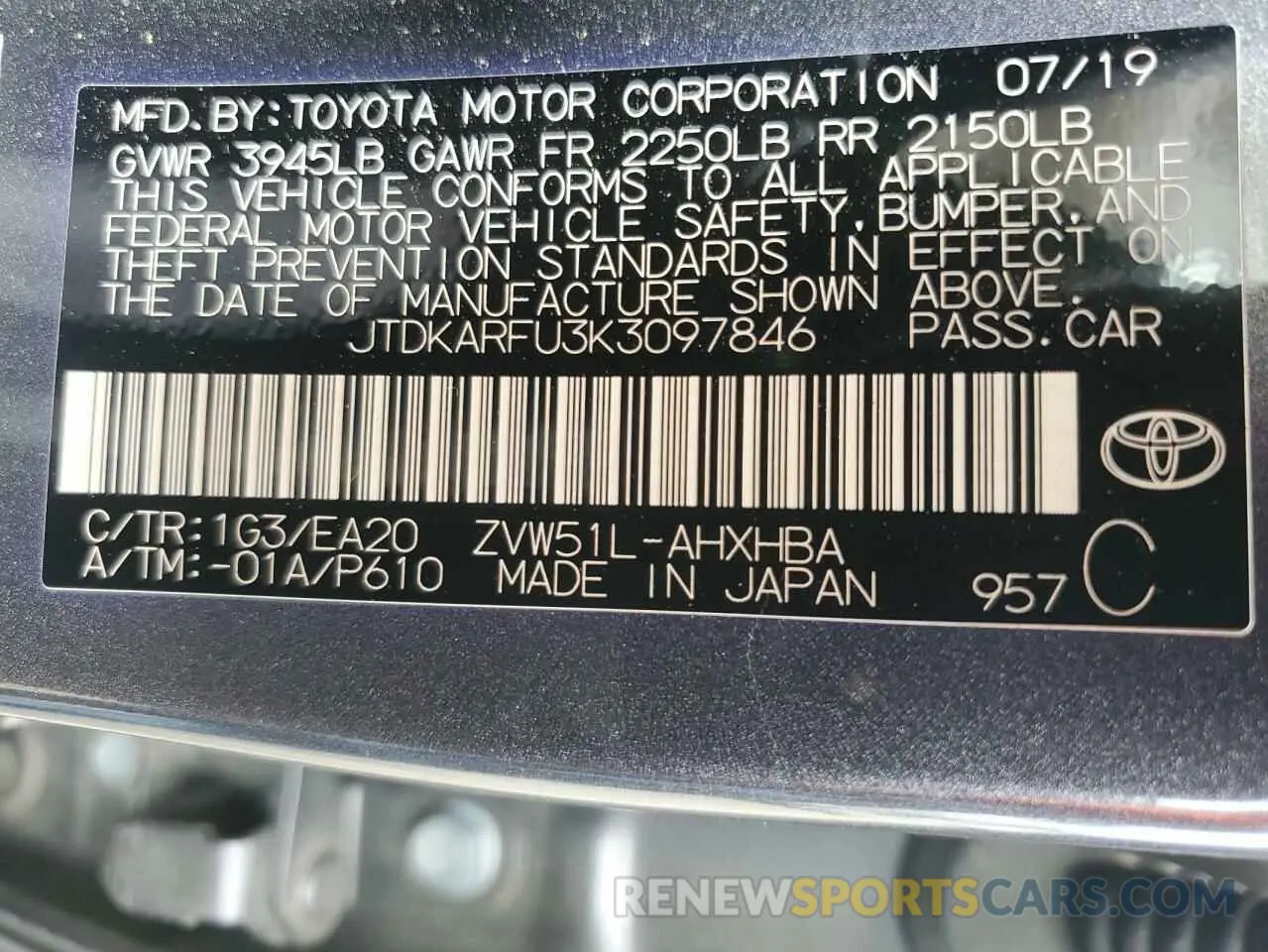 12 Photograph of a damaged car JTDKARFU3K3097846 TOYOTA PRIUS 2019