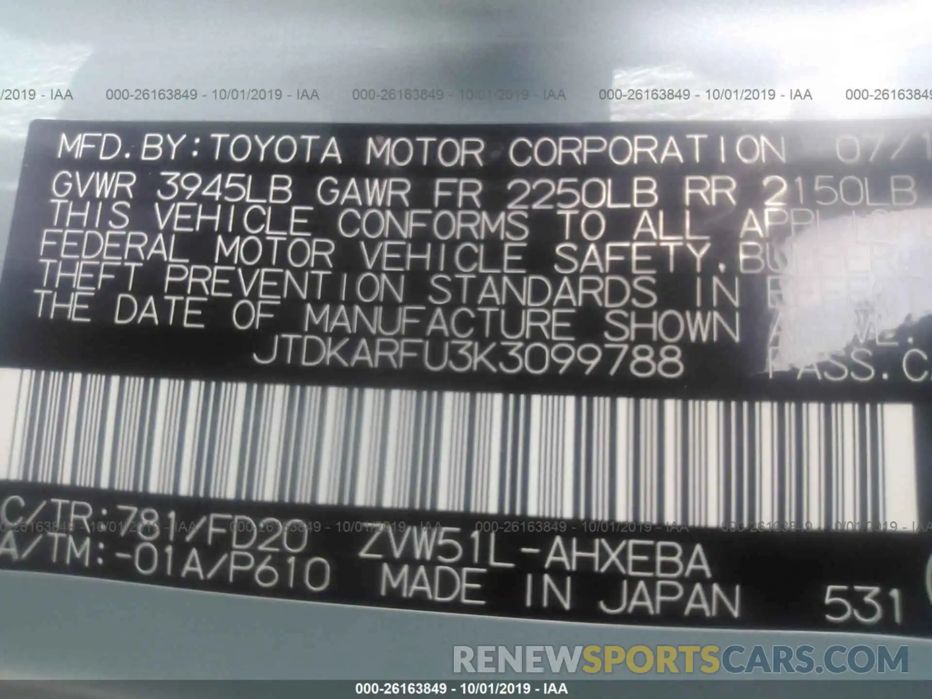 9 Photograph of a damaged car JTDKARFU3K3099788 TOYOTA PRIUS 2019