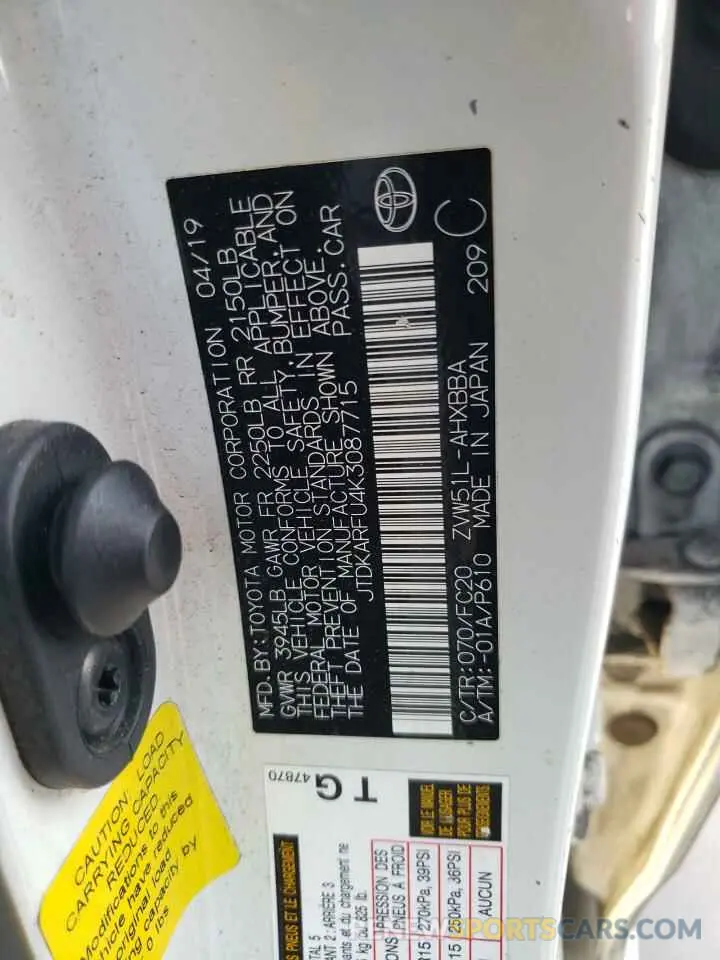 12 Photograph of a damaged car JTDKARFU4K3087715 TOYOTA PRIUS 2019