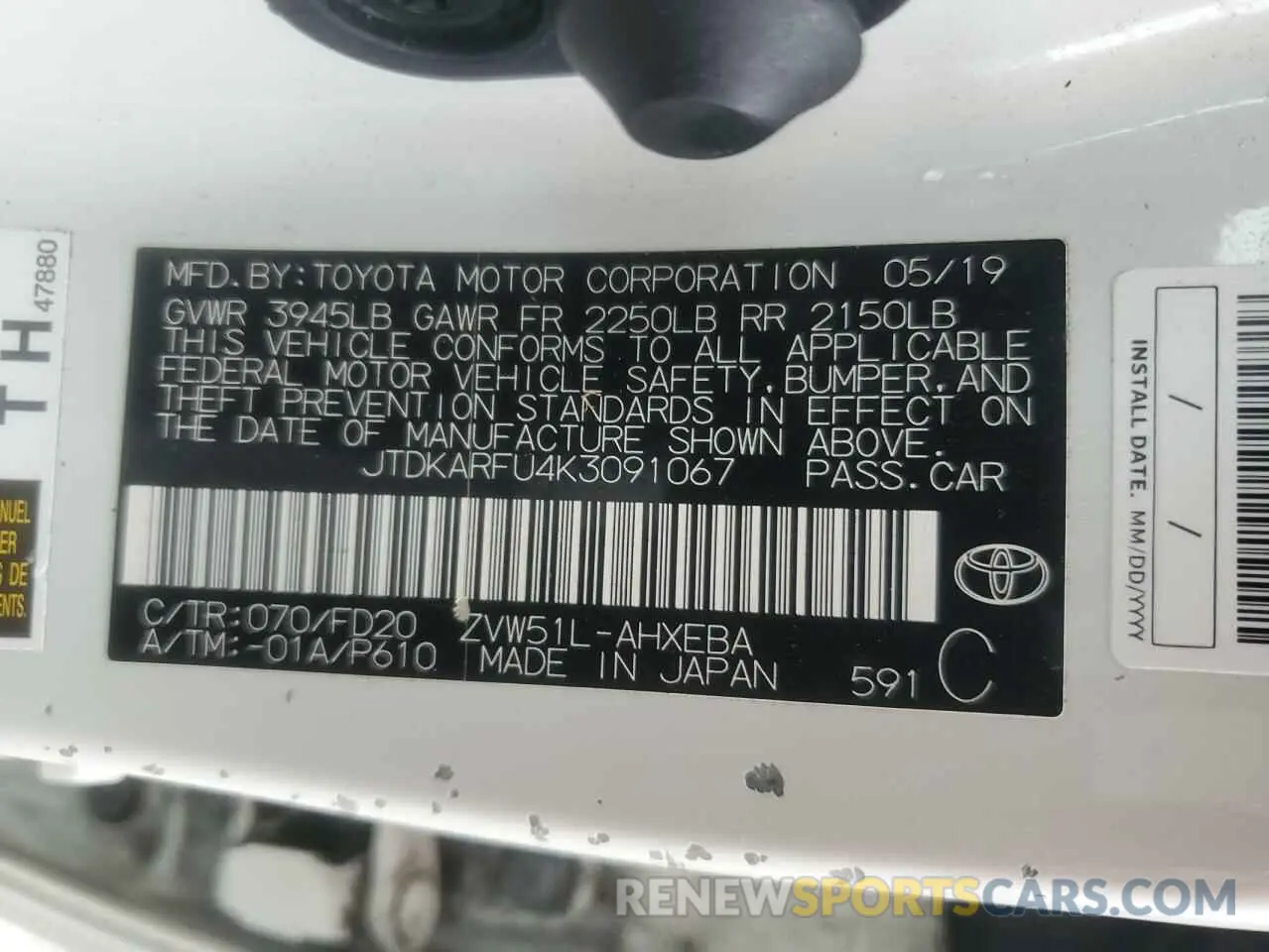 12 Photograph of a damaged car JTDKARFU4K3091067 TOYOTA PRIUS 2019
