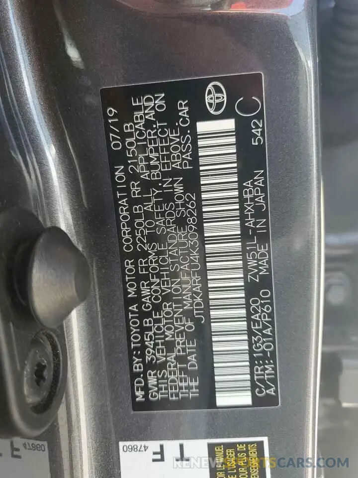 13 Photograph of a damaged car JTDKARFU4K3098262 TOYOTA PRIUS 2019