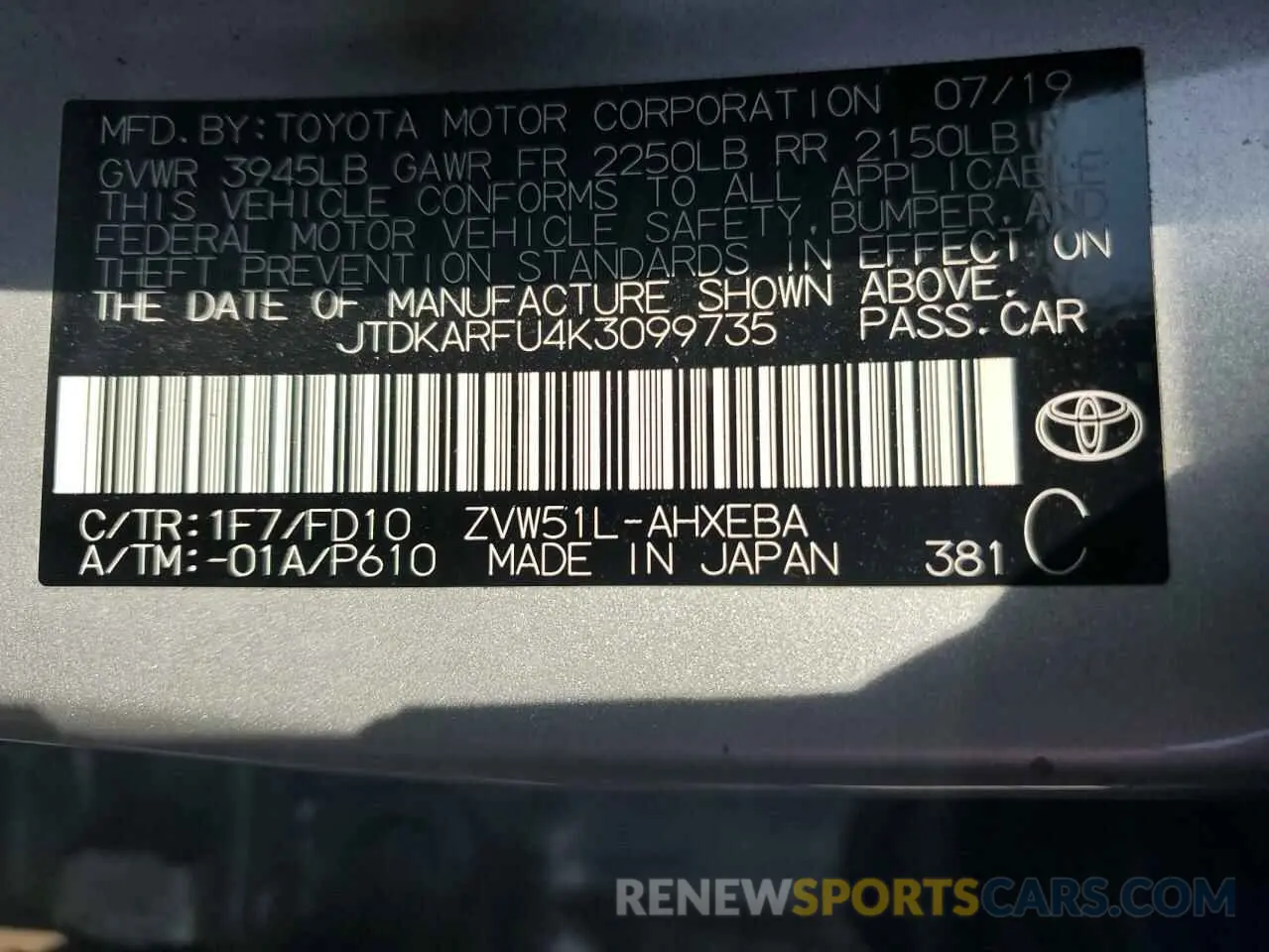 13 Photograph of a damaged car JTDKARFU4K3099735 TOYOTA PRIUS 2019