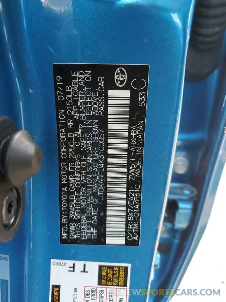 13 Photograph of a damaged car JTDKARFU4K3100057 TOYOTA PRIUS 2019