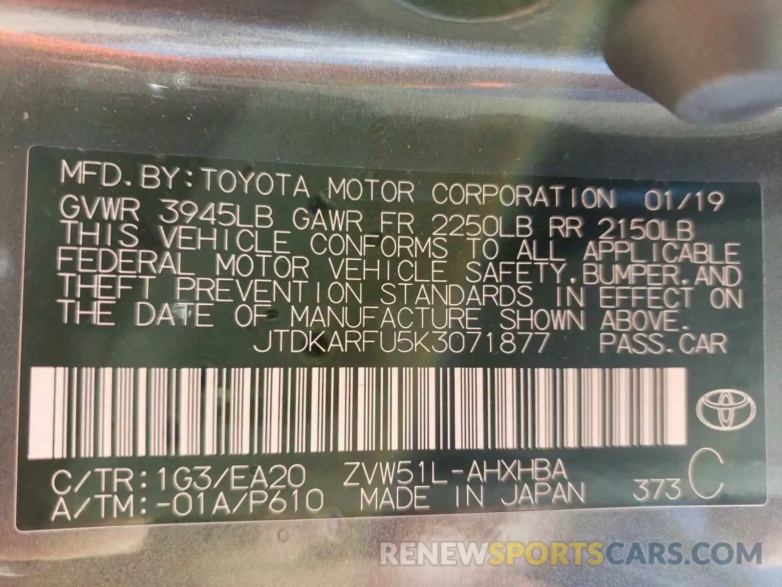 10 Photograph of a damaged car JTDKARFU5K3071877 TOYOTA PRIUS 2019