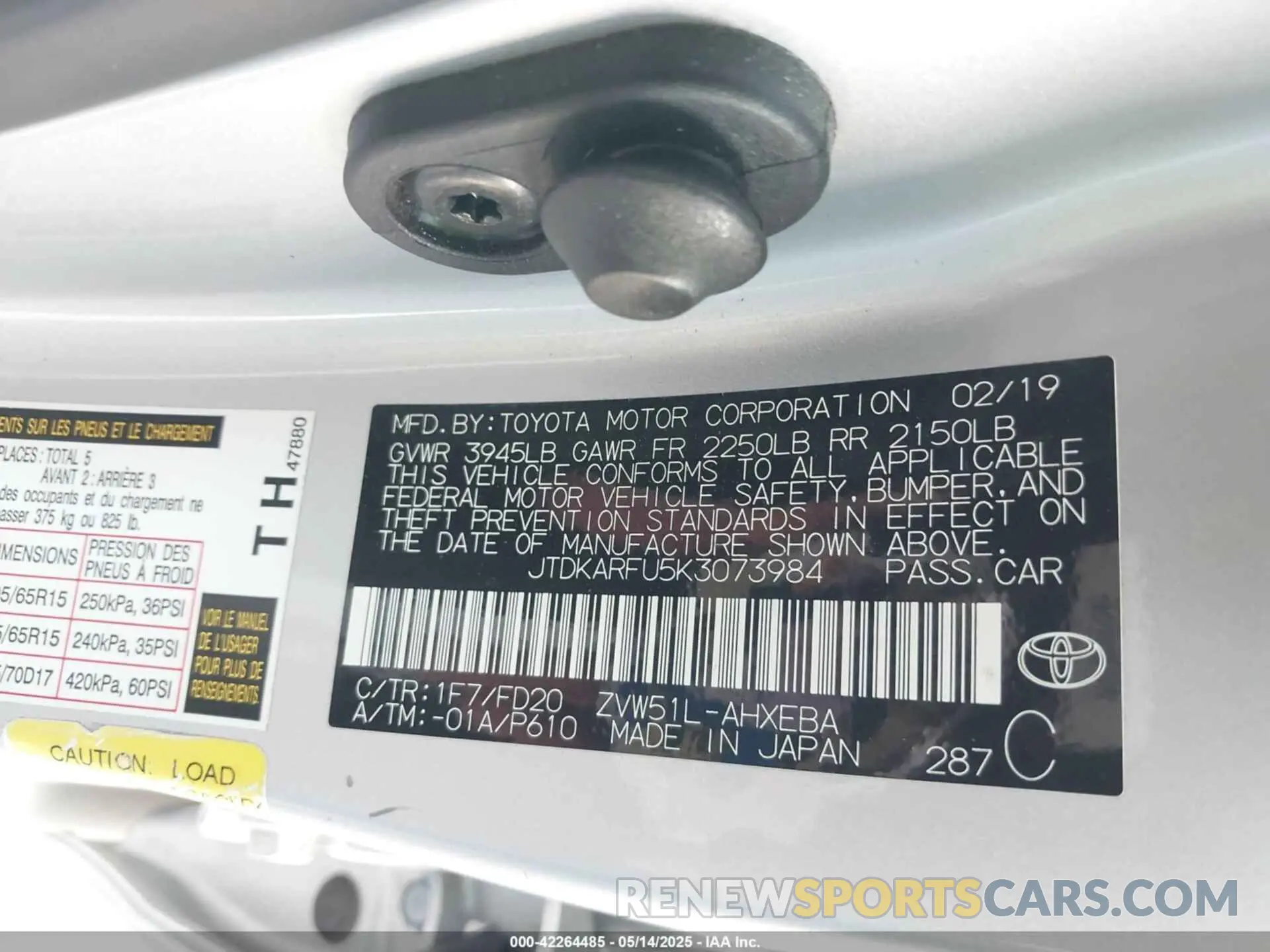 9 Photograph of a damaged car JTDKARFU5K3073984 TOYOTA PRIUS 2019