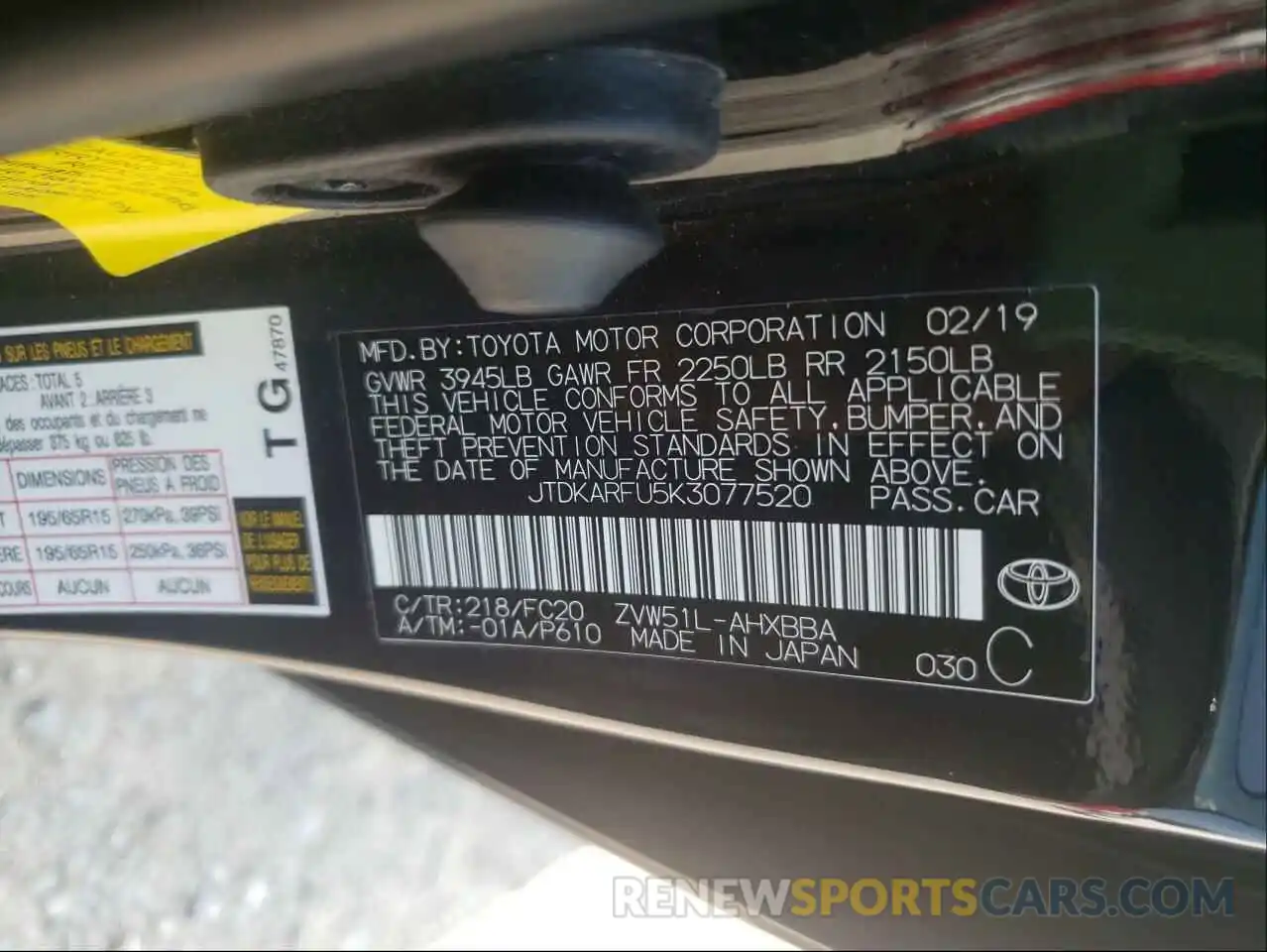 10 Photograph of a damaged car JTDKARFU5K3077520 TOYOTA PRIUS 2019