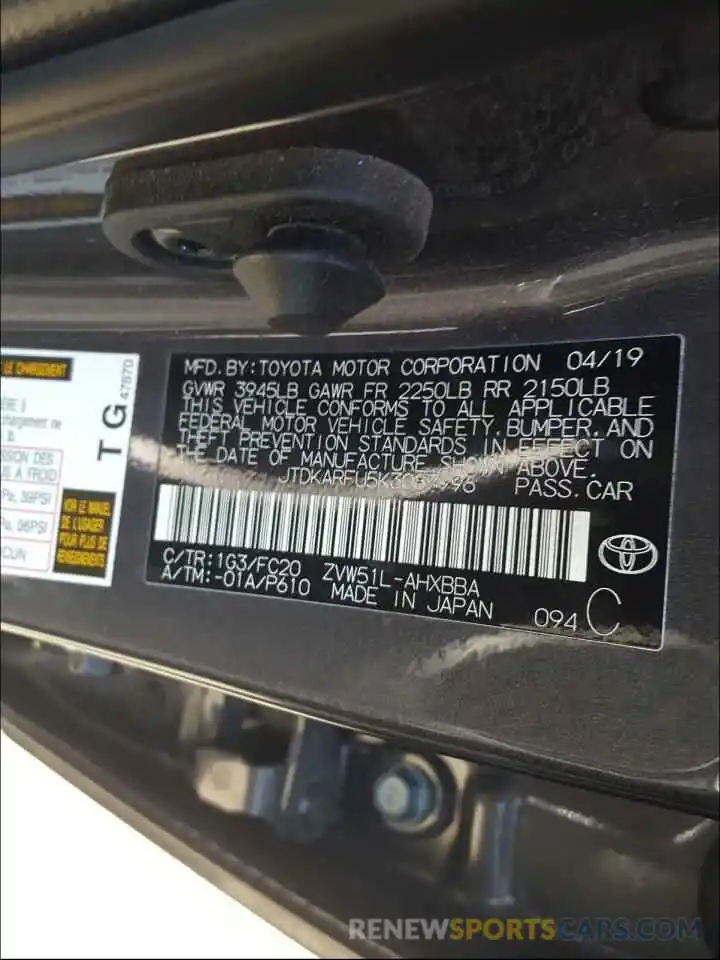 10 Photograph of a damaged car JTDKARFU5K3087996 TOYOTA PRIUS 2019