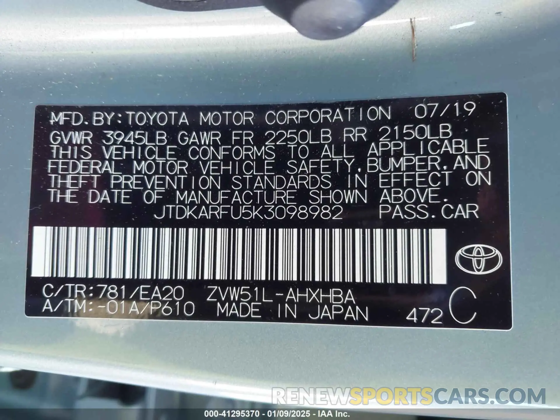 9 Photograph of a damaged car JTDKARFU5K3098982 TOYOTA PRIUS 2019