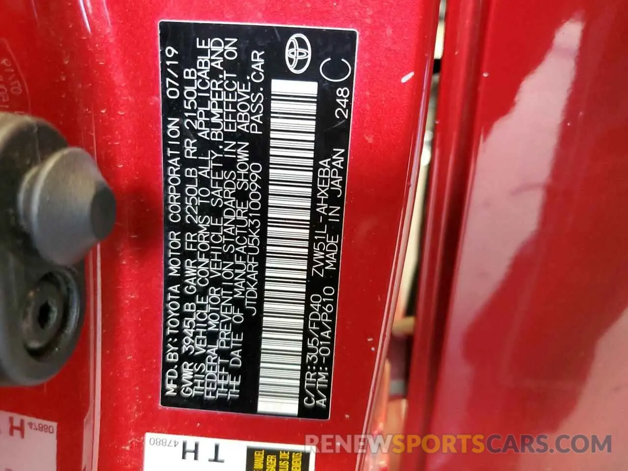 12 Photograph of a damaged car JTDKARFU5K3100990 TOYOTA PRIUS 2019