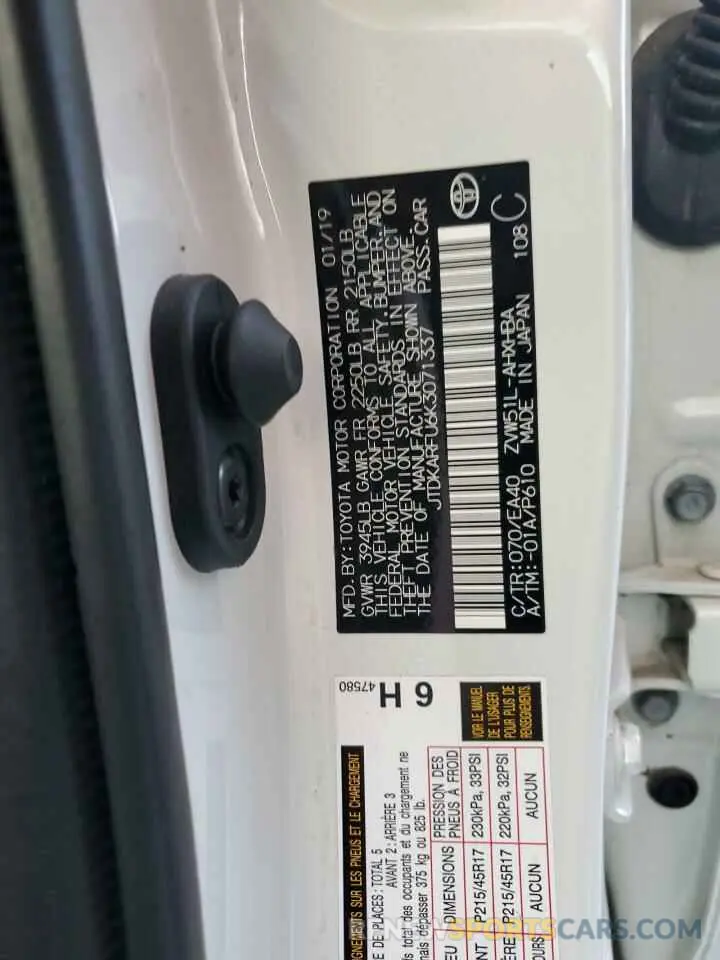12 Photograph of a damaged car JTDKARFU6K3071337 TOYOTA PRIUS 2019