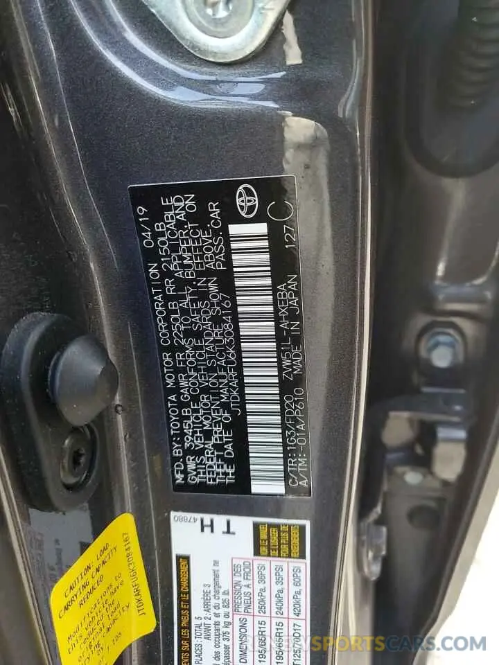 12 Photograph of a damaged car JTDKARFU6K3084167 TOYOTA PRIUS 2019