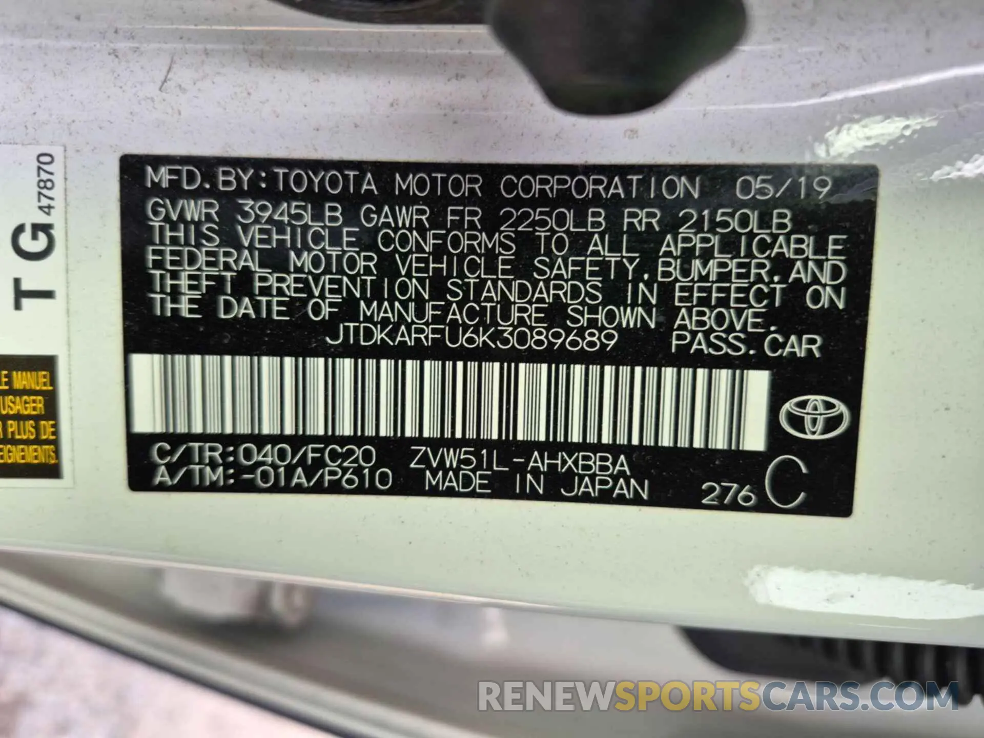 10 Photograph of a damaged car JTDKARFU6K3089689 TOYOTA PRIUS 2019