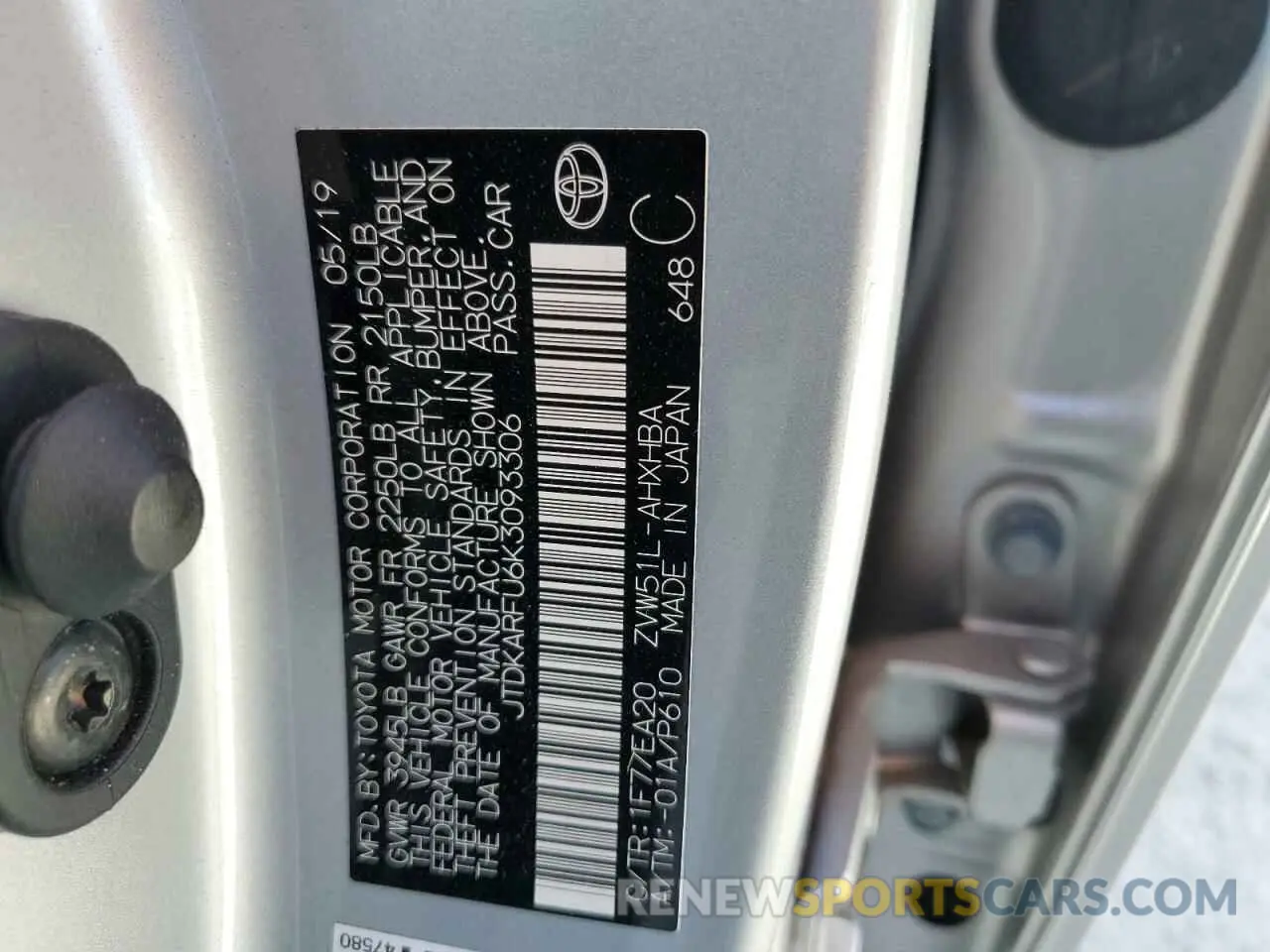 13 Photograph of a damaged car JTDKARFU6K3093306 TOYOTA PRIUS 2019