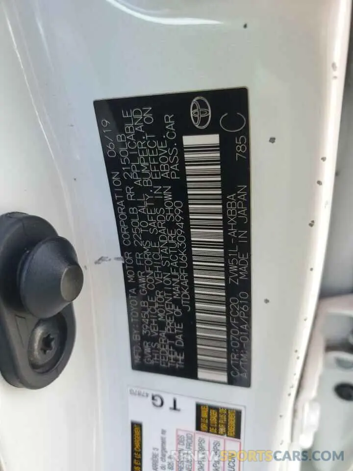 12 Photograph of a damaged car JTDKARFU6K3094990 TOYOTA PRIUS 2019