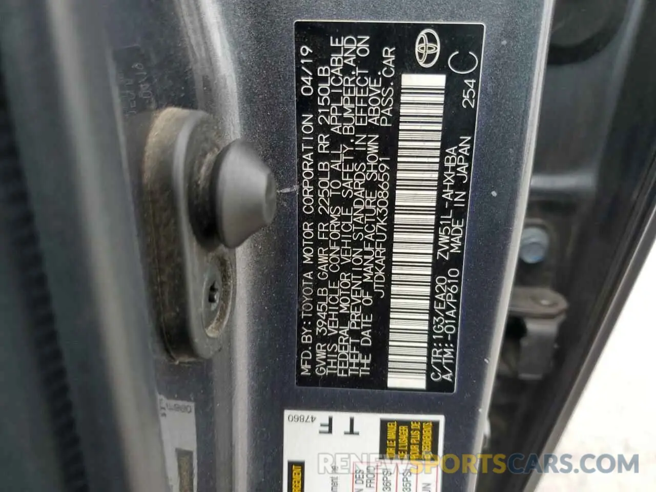 12 Photograph of a damaged car JTDKARFU7K3086591 TOYOTA PRIUS 2019