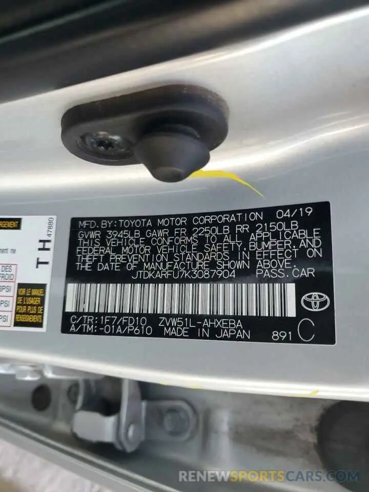 13 Photograph of a damaged car JTDKARFU7K3087904 TOYOTA PRIUS 2019