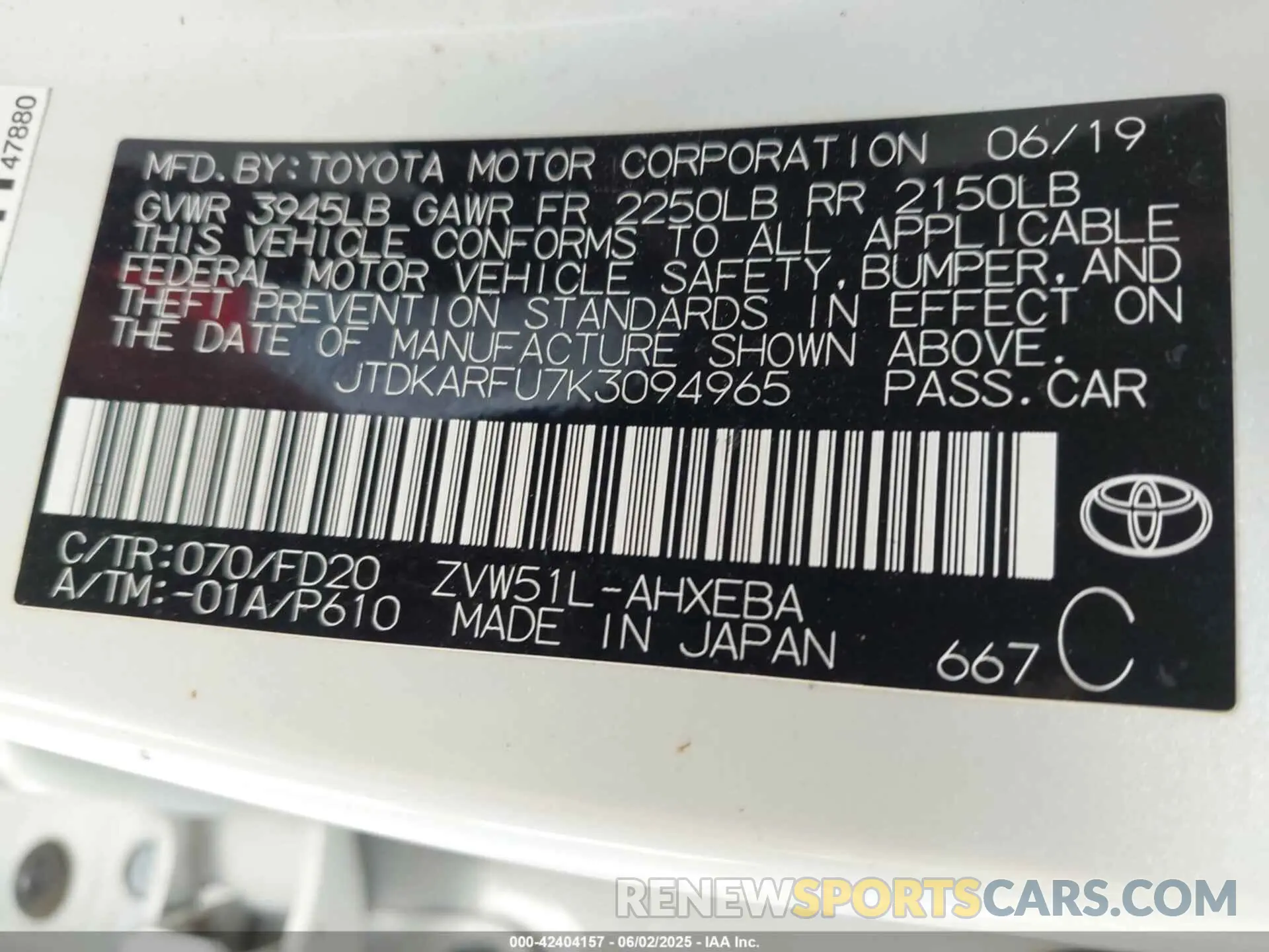 9 Photograph of a damaged car JTDKARFU7K3094965 TOYOTA PRIUS 2019
