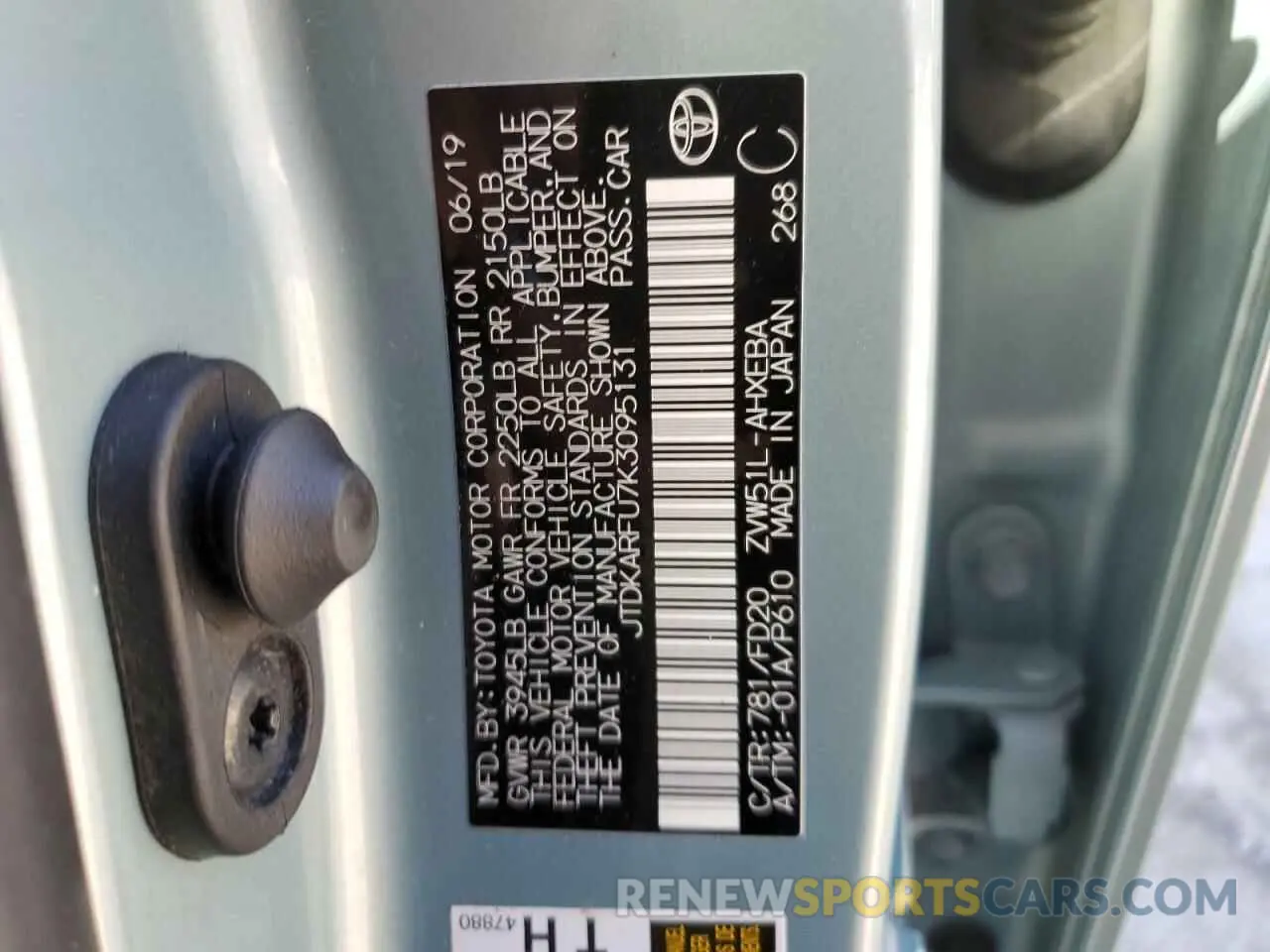 13 Photograph of a damaged car JTDKARFU7K3095131 TOYOTA PRIUS 2019