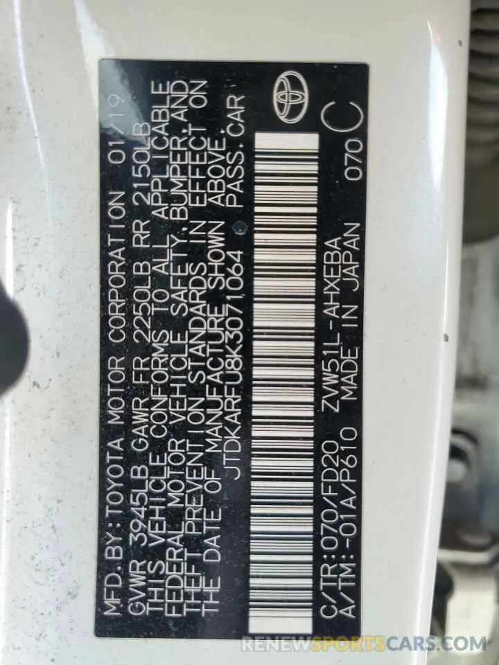 13 Photograph of a damaged car JTDKARFU8K3071064 TOYOTA PRIUS 2019